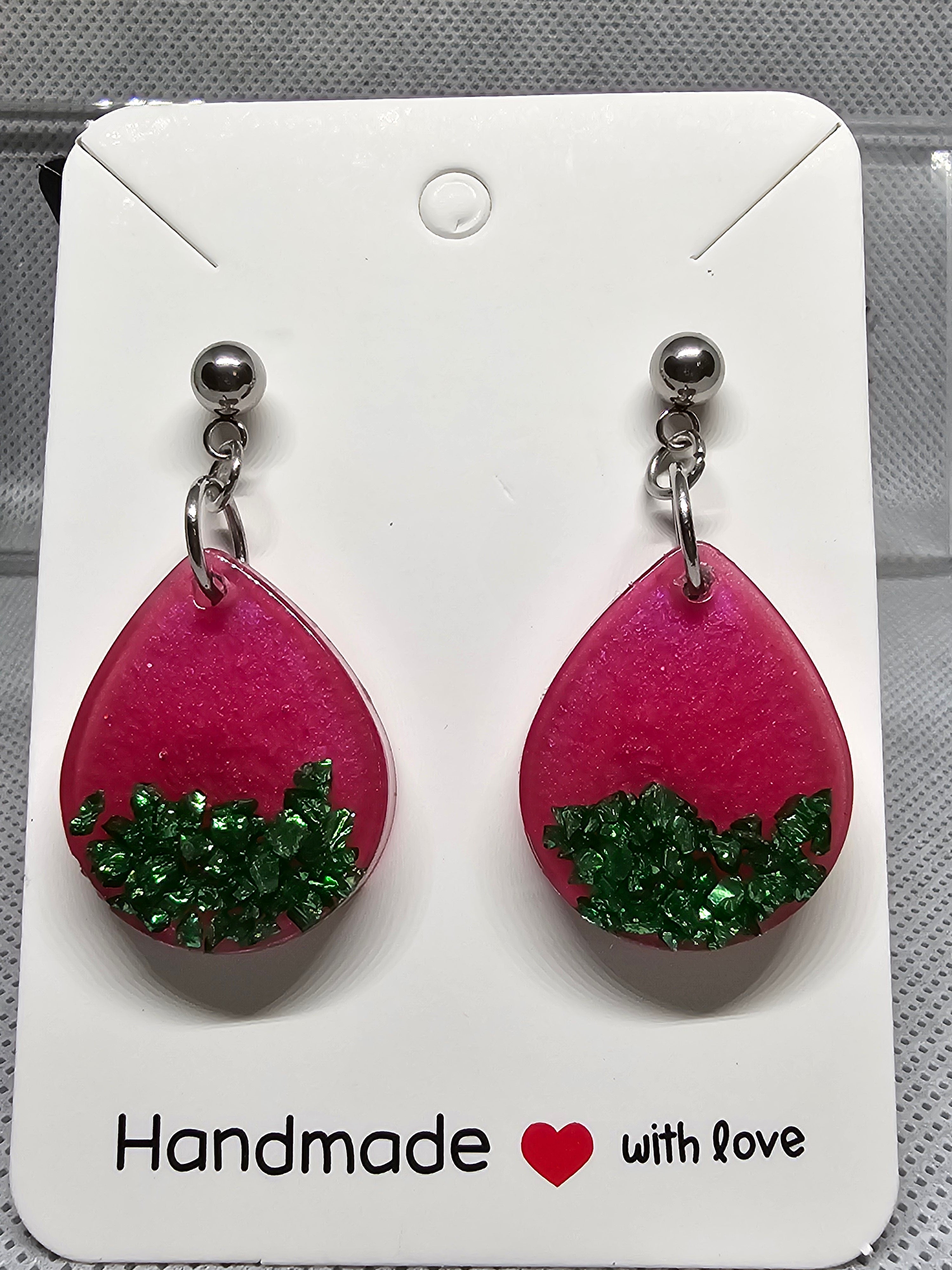 Epoxy Earrings – Pink & Emerald Drops