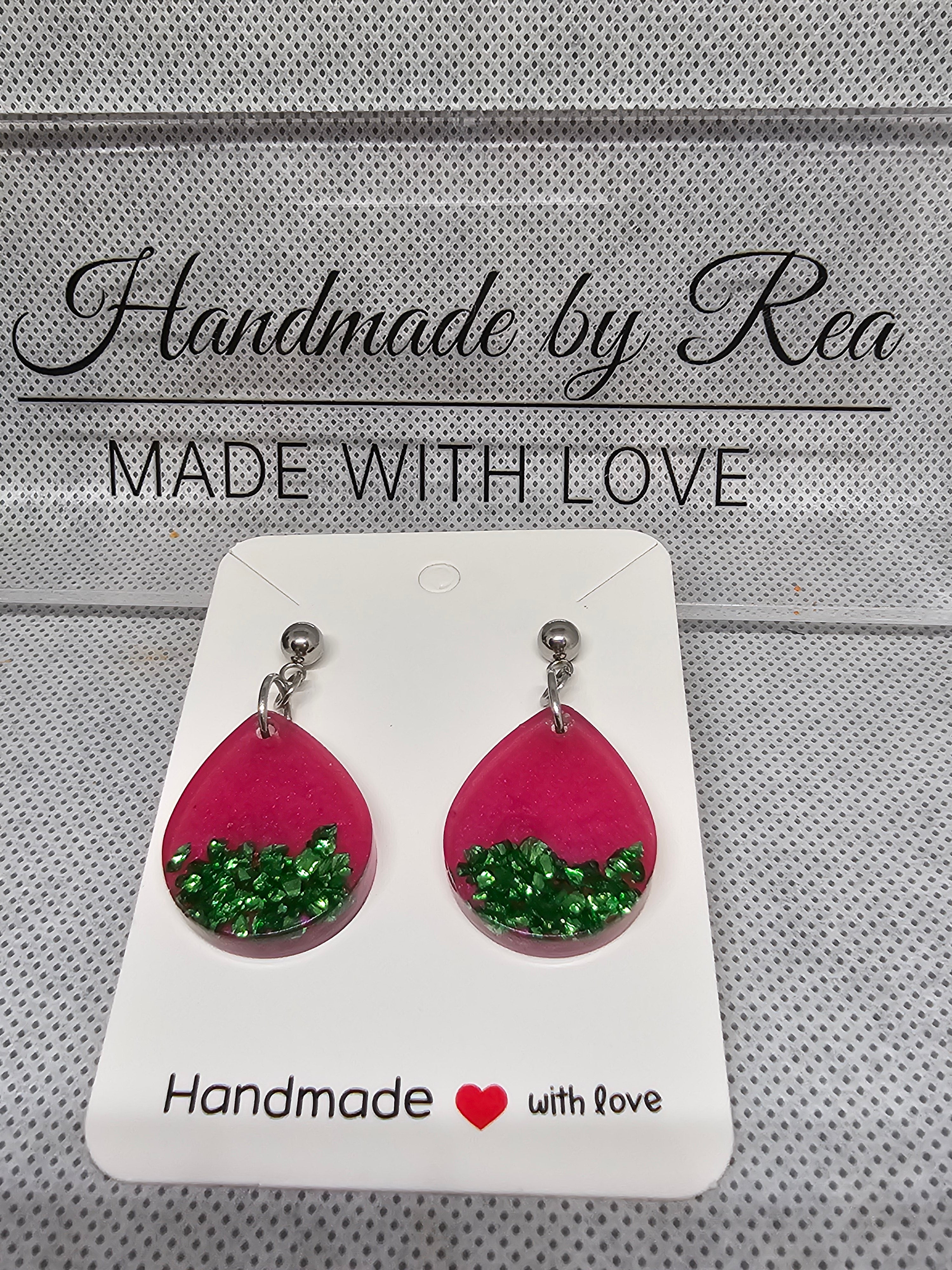 Epoxy Earrings – Pink & Emerald Drops