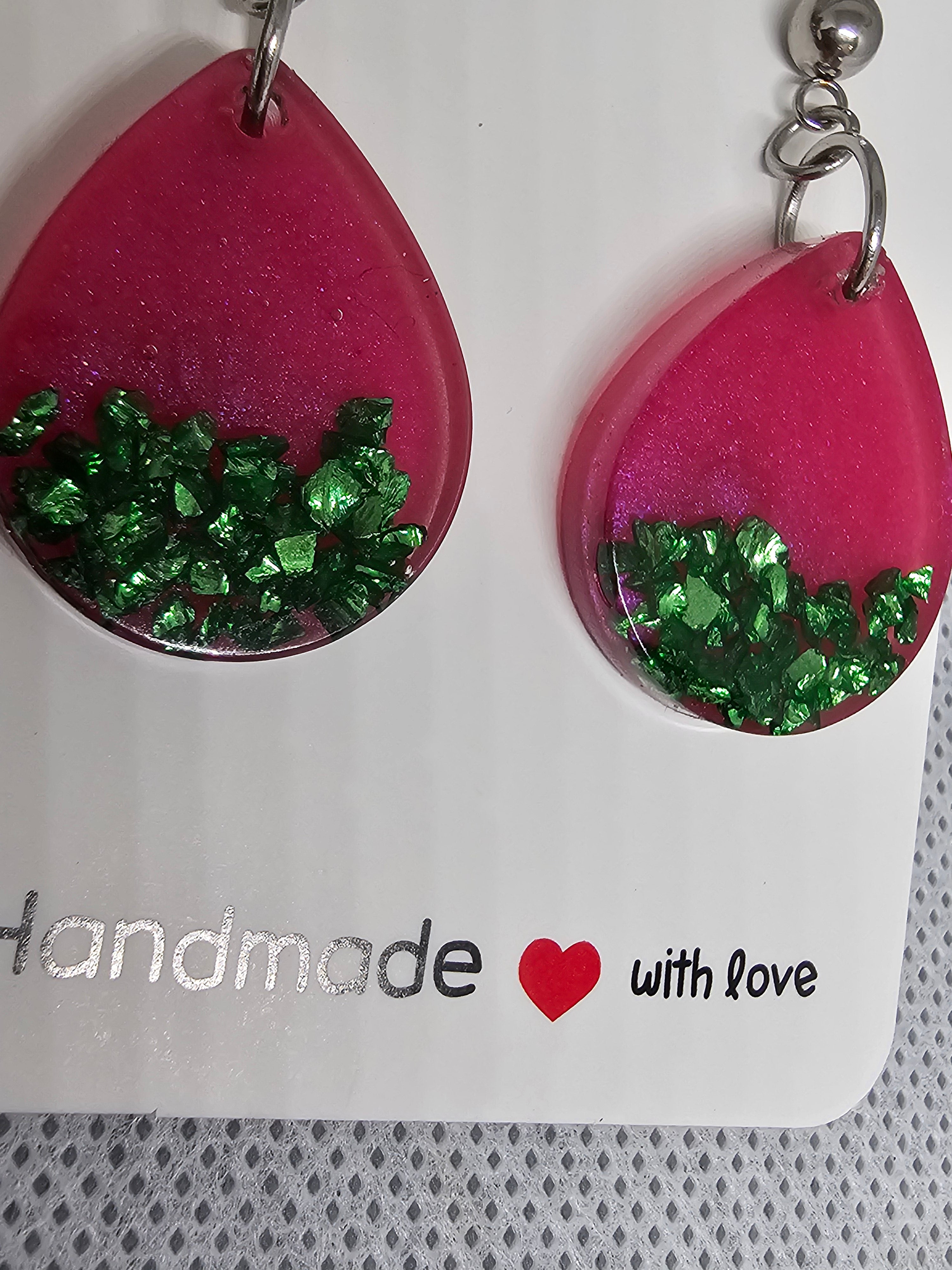 Epoxy Earrings – Pink & Emerald Drops