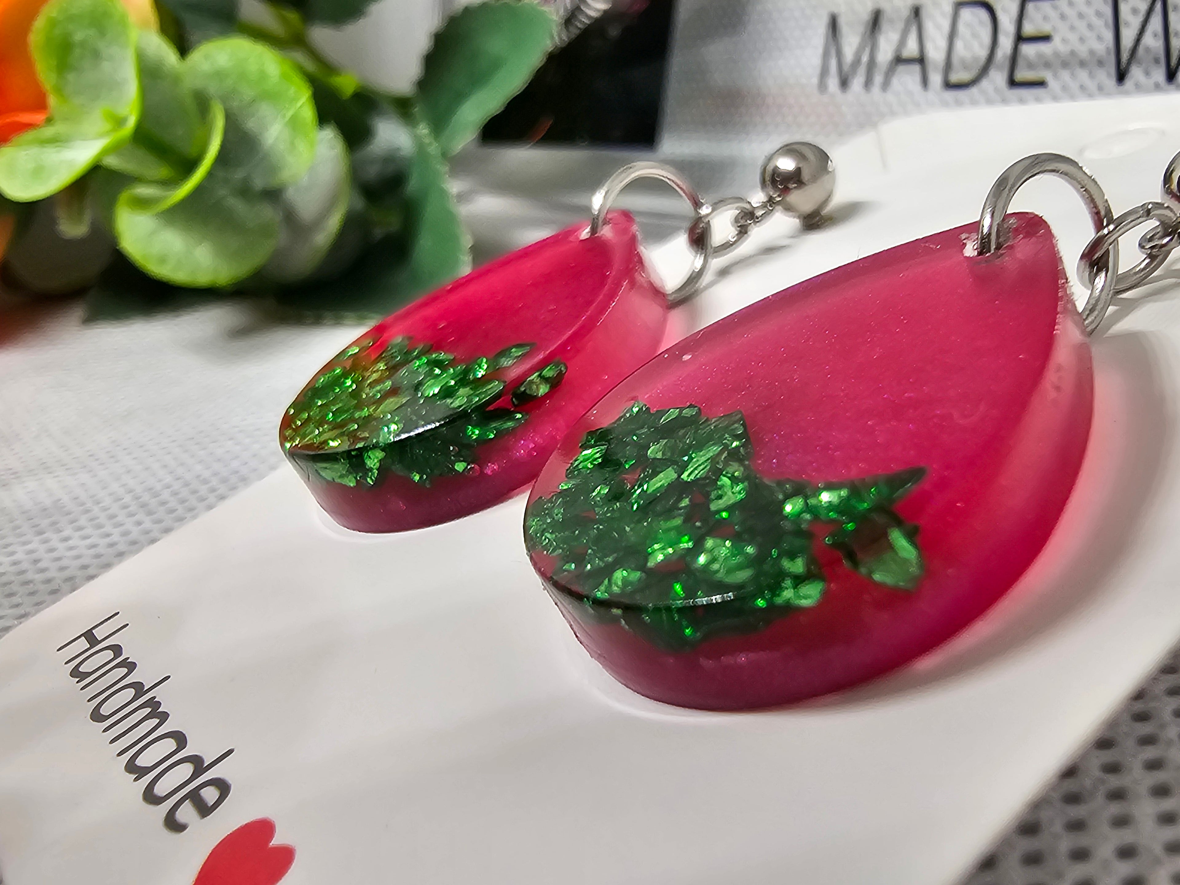 Epoxy Earrings – Pink & Emerald Drops