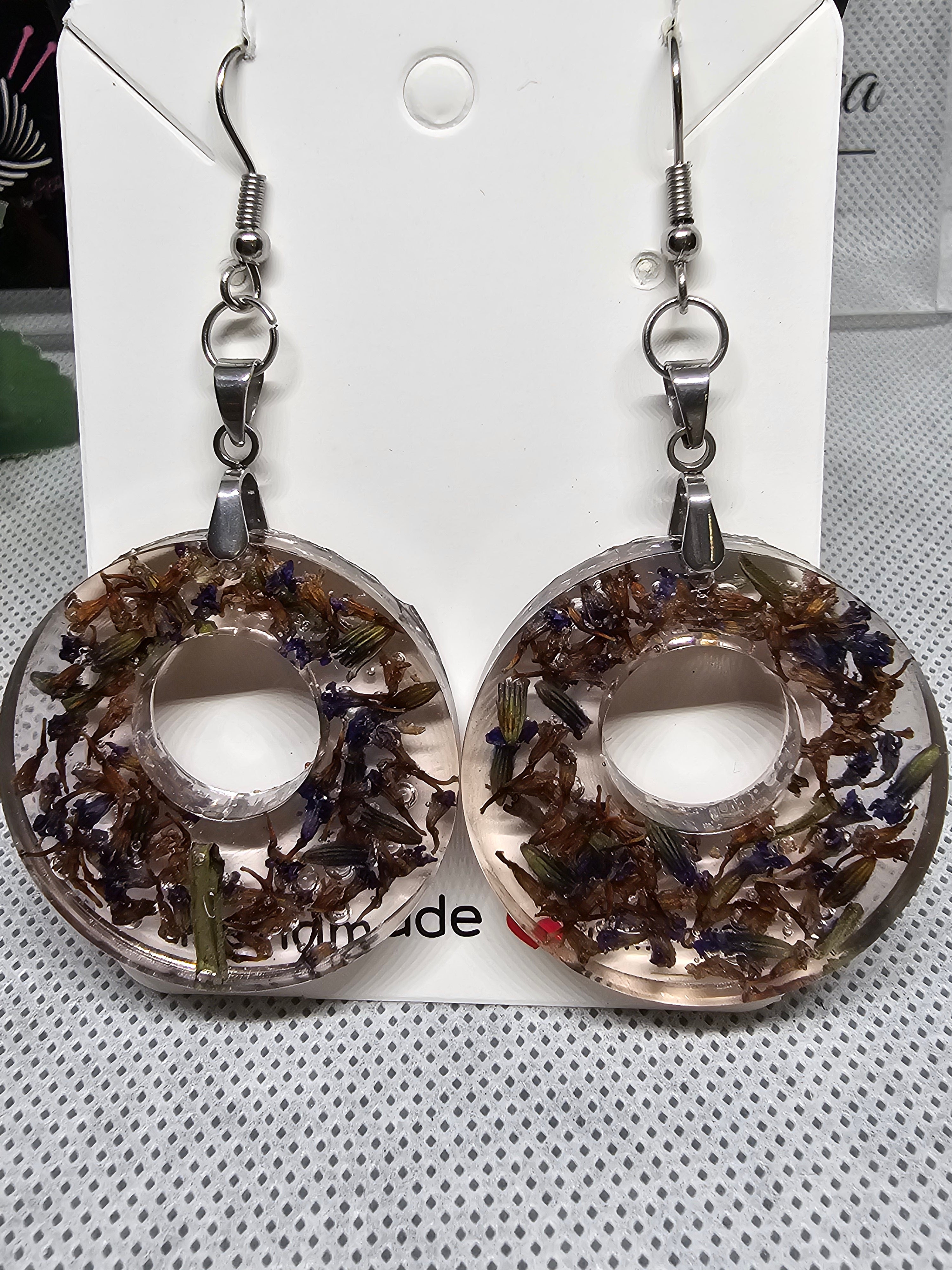 Resin Donut Earrings with Dried Lavender Flowers
