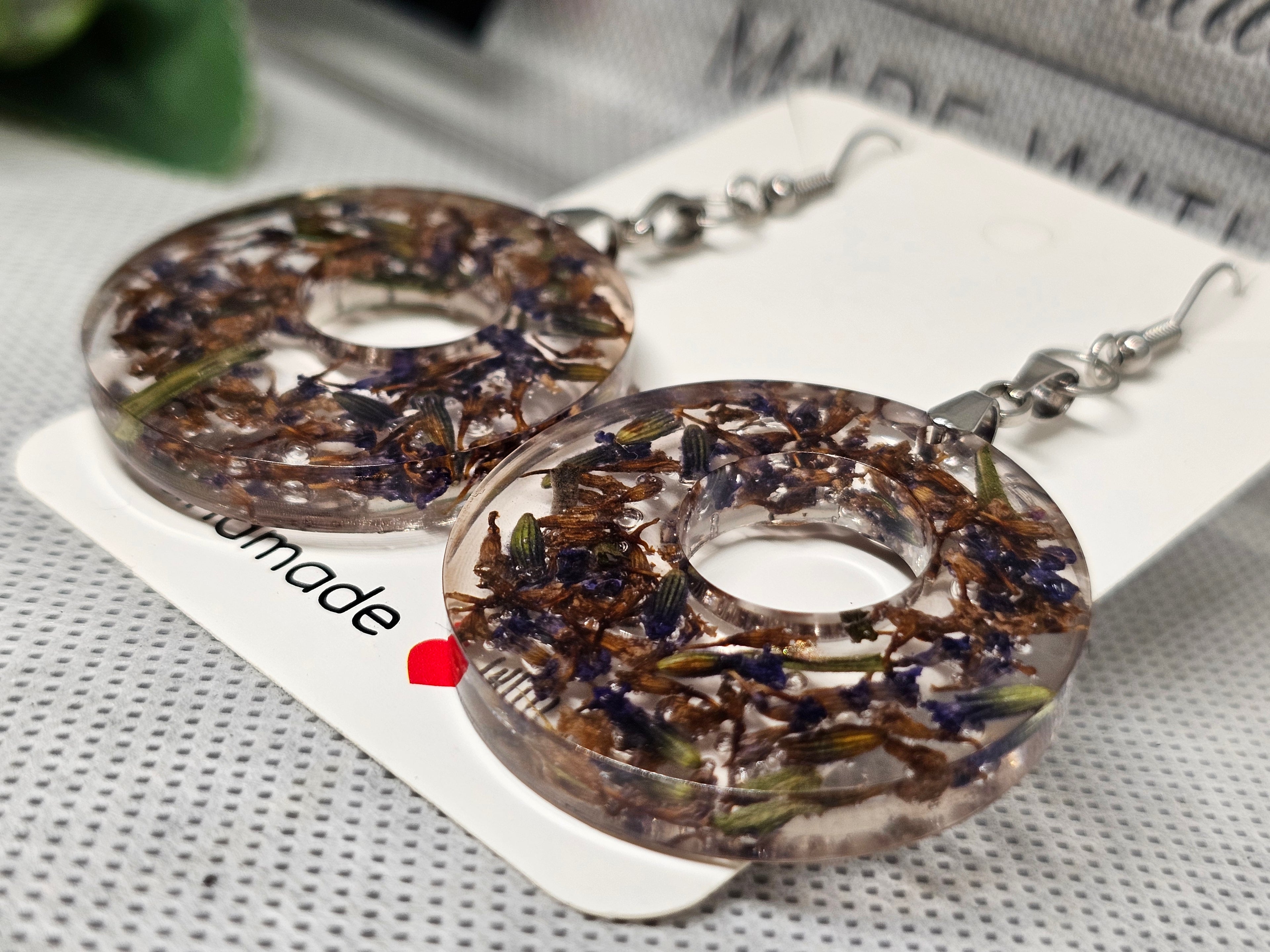 Resin Donut Earrings with Dried Lavender Flowers