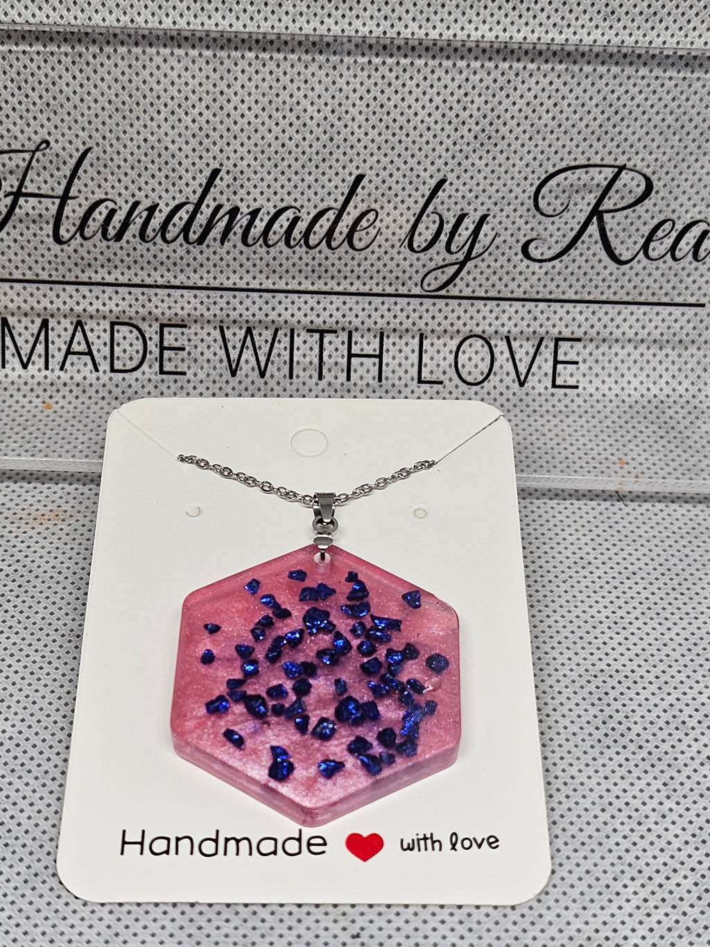 Pink Hexagon Epoxy stainless steel Necklace with Blue Crystal Flakes – Handmade Resin Pendant