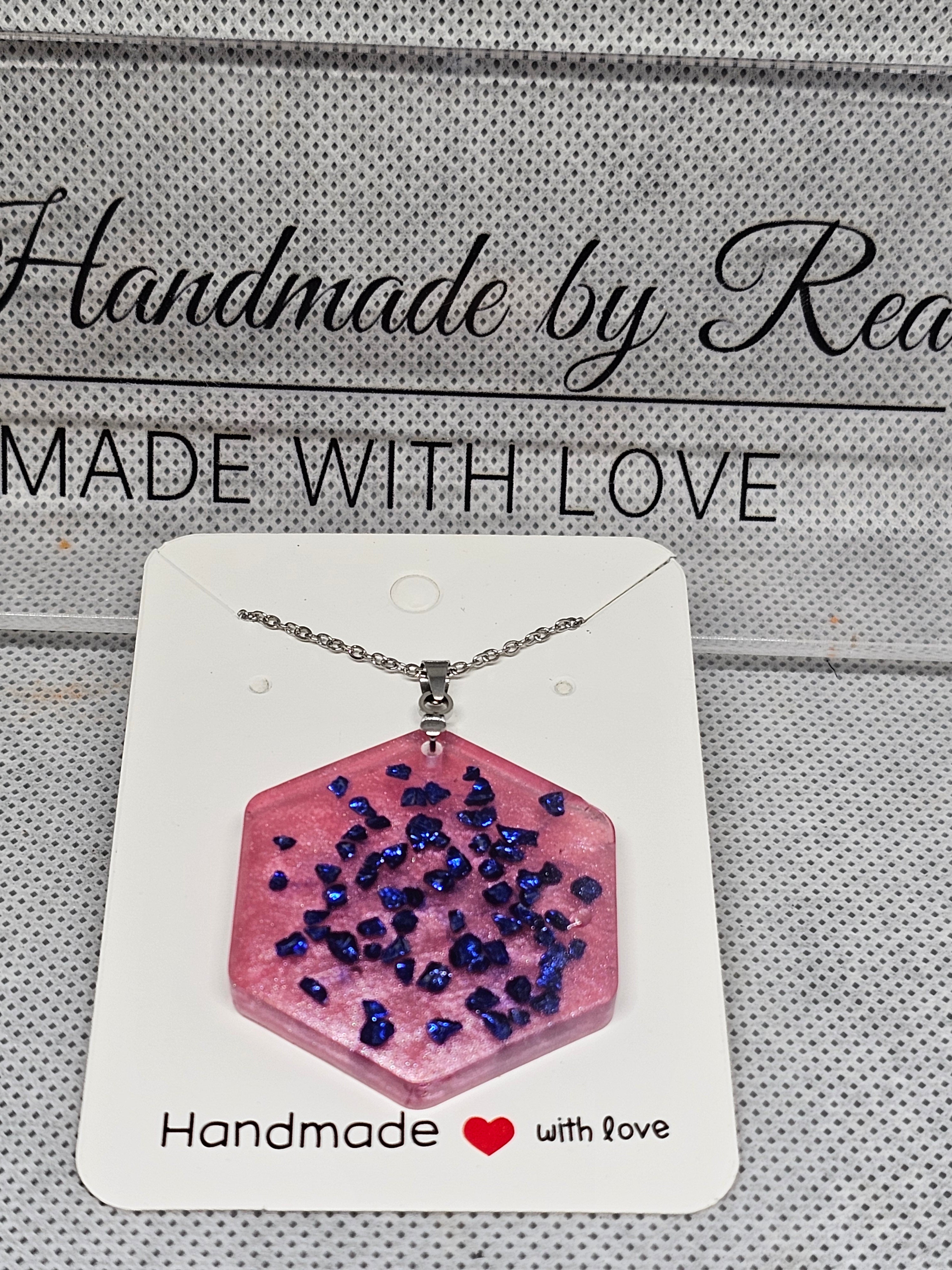 Pink Hexagon Epoxy stainless steel Necklace with Blue Crystal Flakes – Handmade Resin Pendant