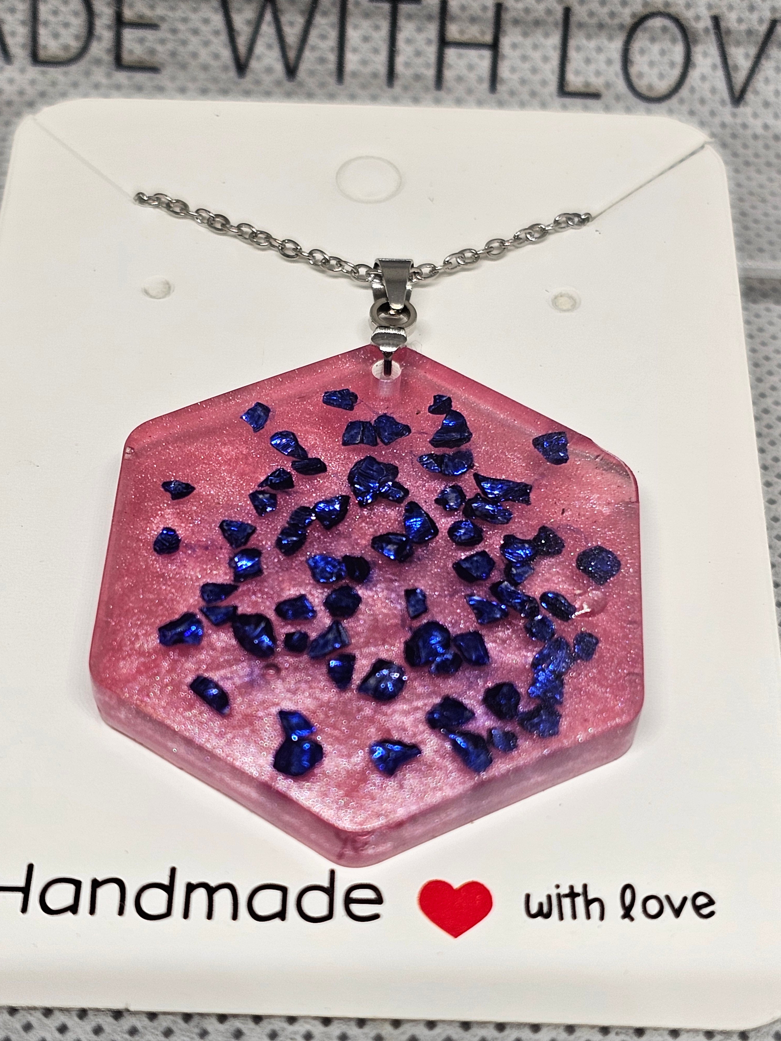Pink Hexagon Epoxy stainless steel Necklace with Blue Crystal Flakes – Handmade Resin Pendant