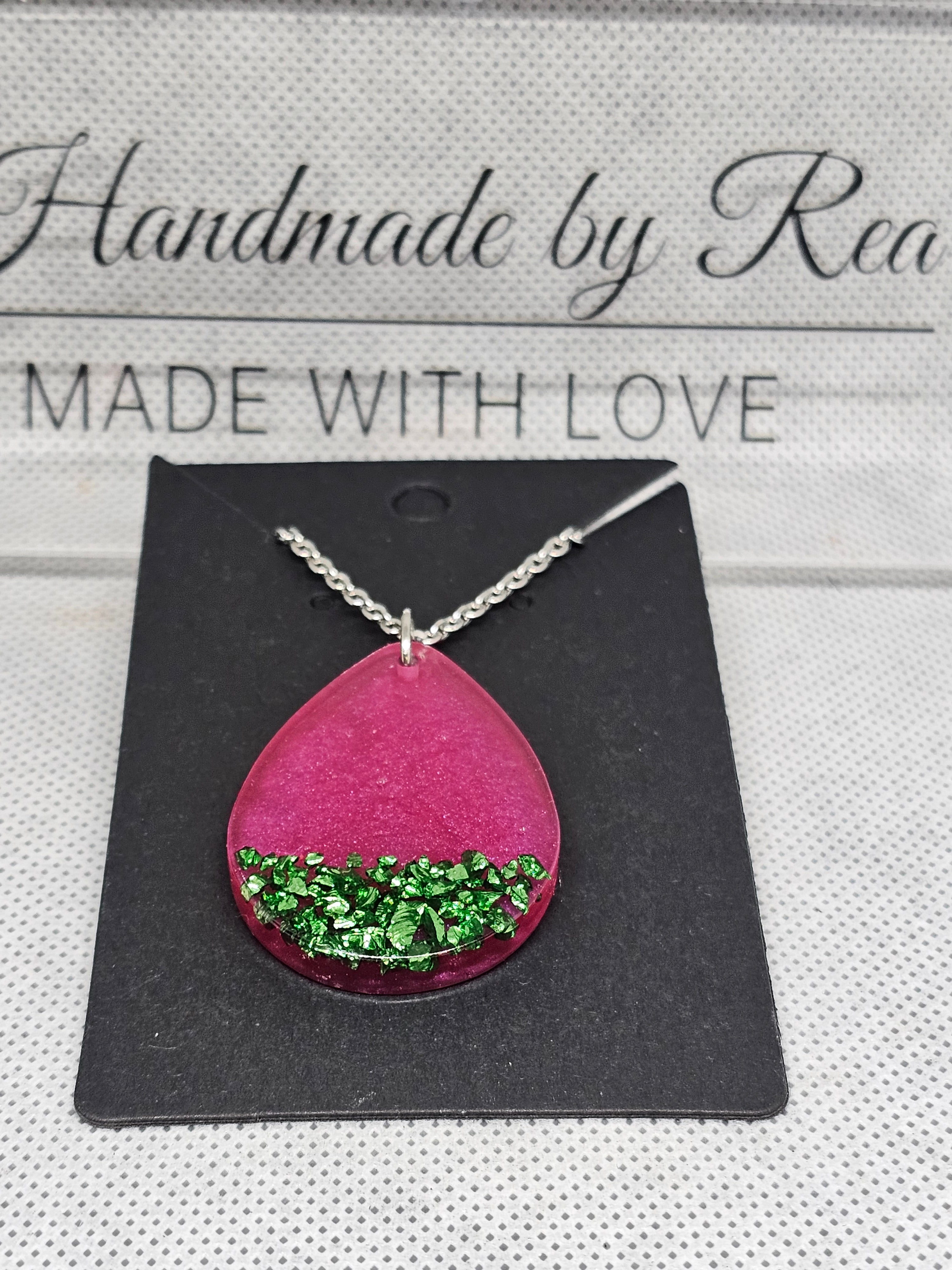 Pink Teardrop Pendant with Green Crystal Chips