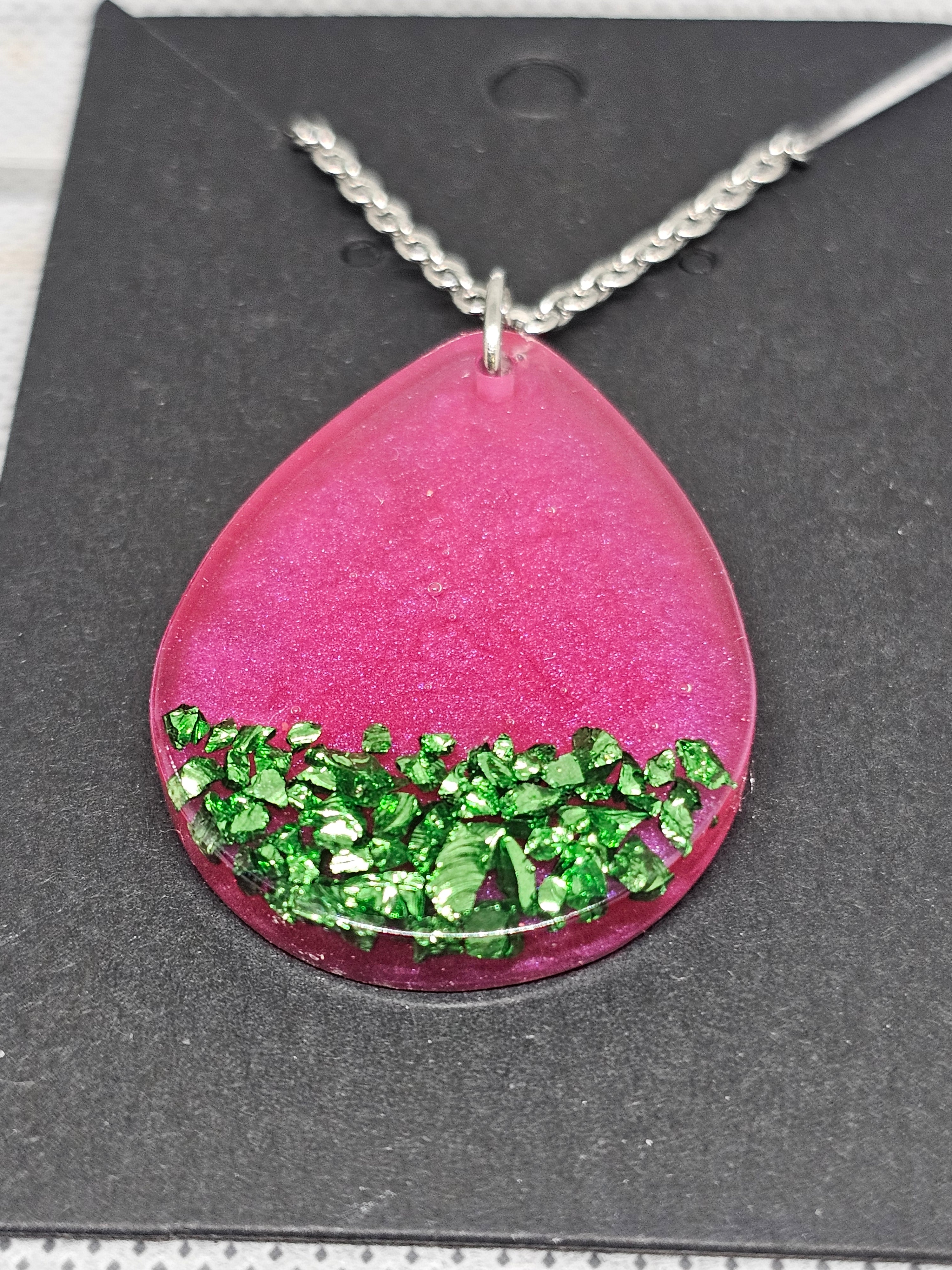 Pink Teardrop Pendant with Green Crystal Chips