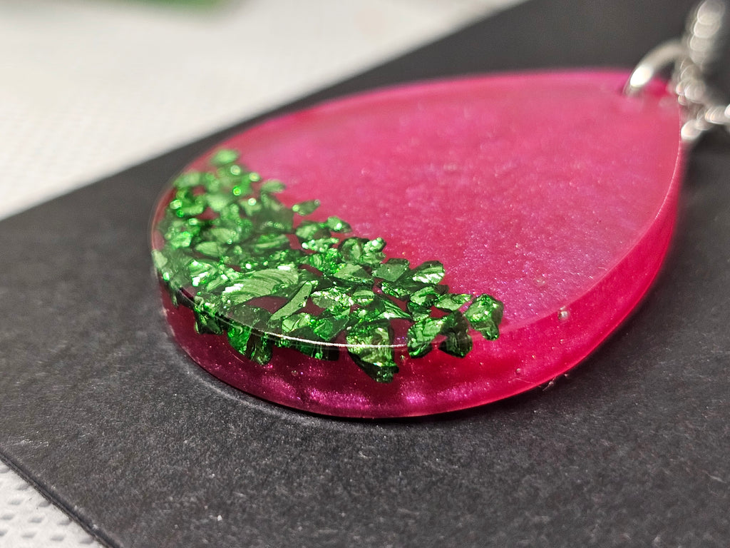 Pink Teardrop Pendant with Green Crystal Chips