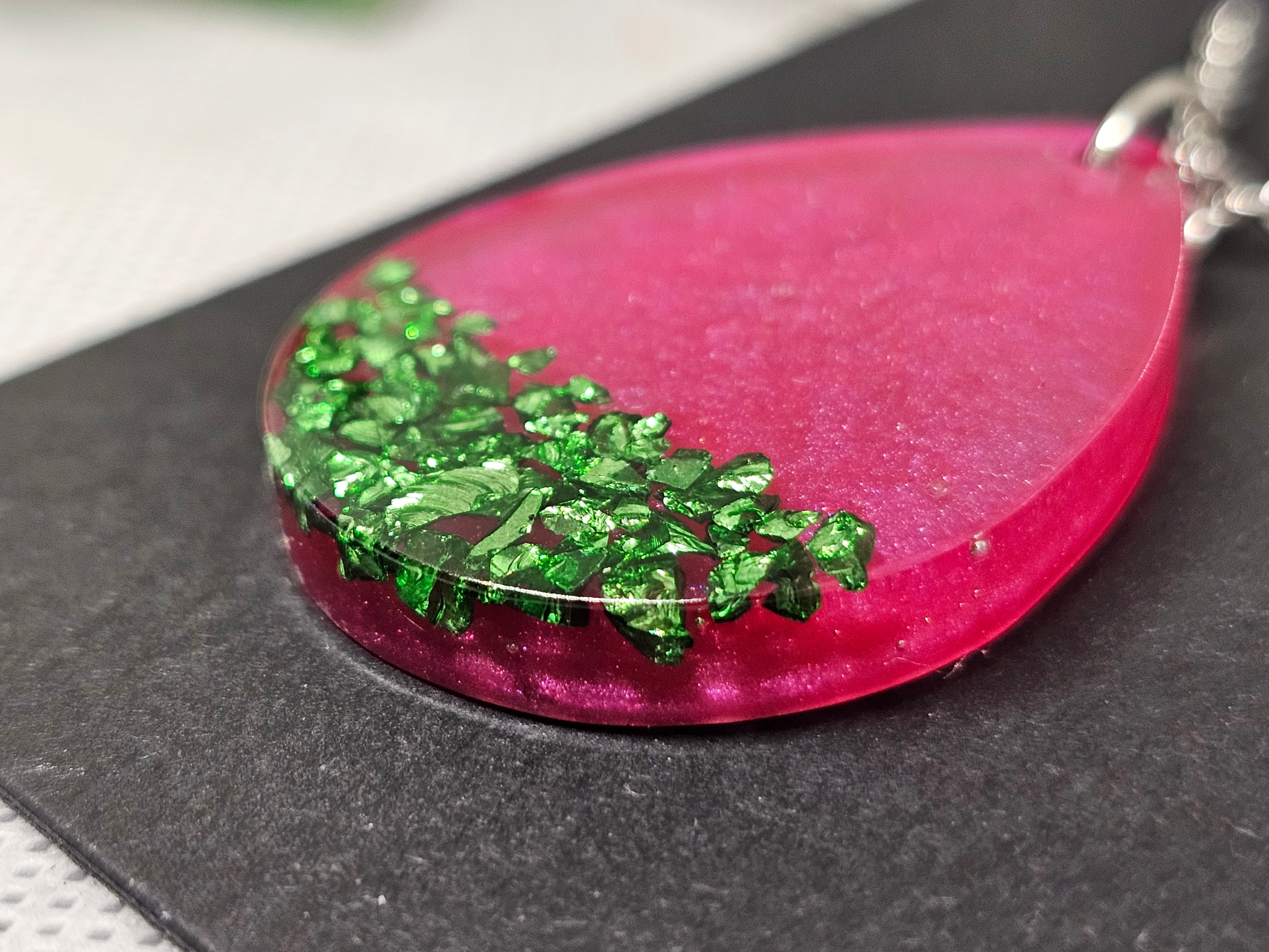 Pink Teardrop Pendant with Green Crystal Chips