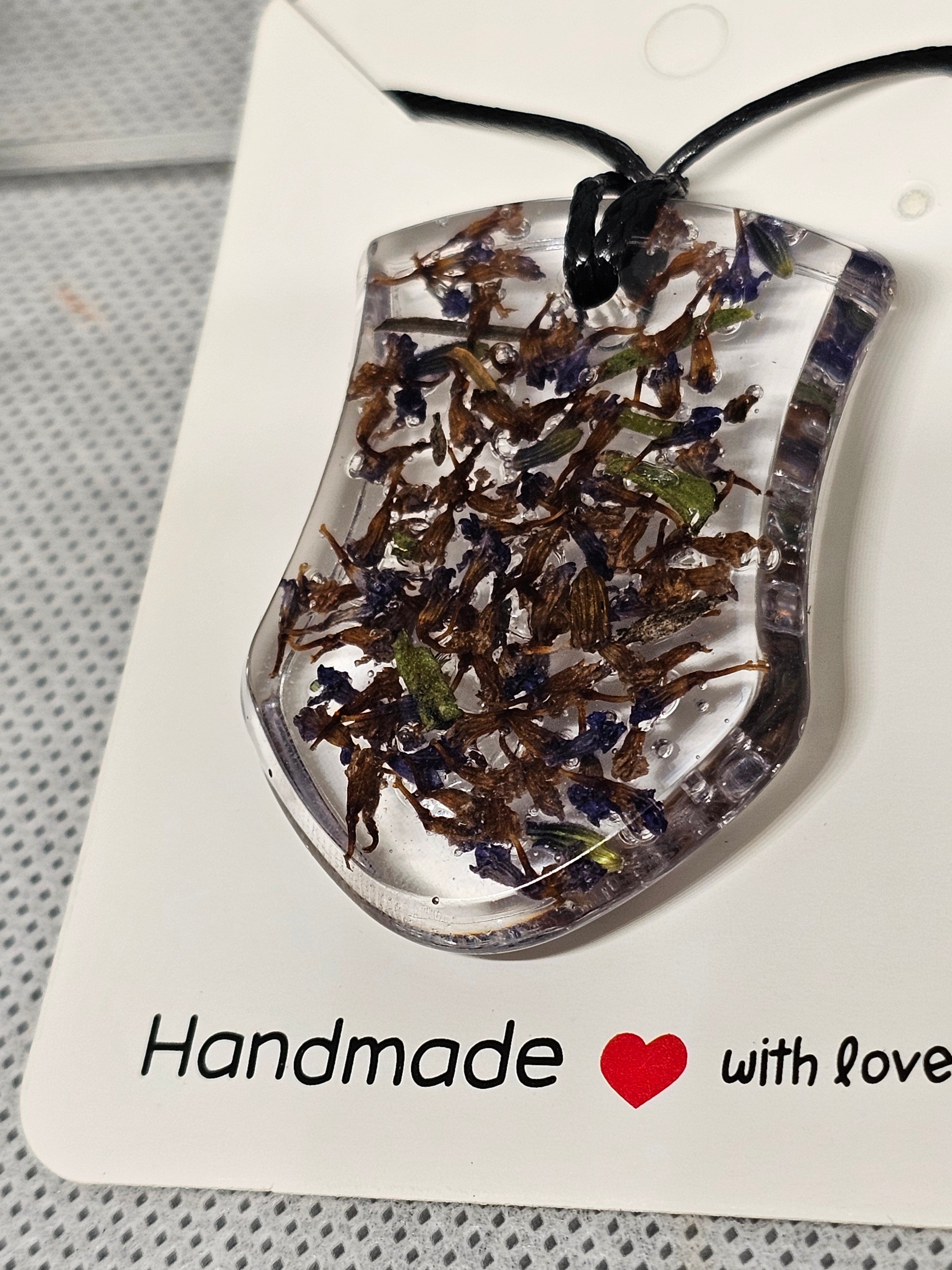 Resin Shield Necklace with Real Dried Flowers