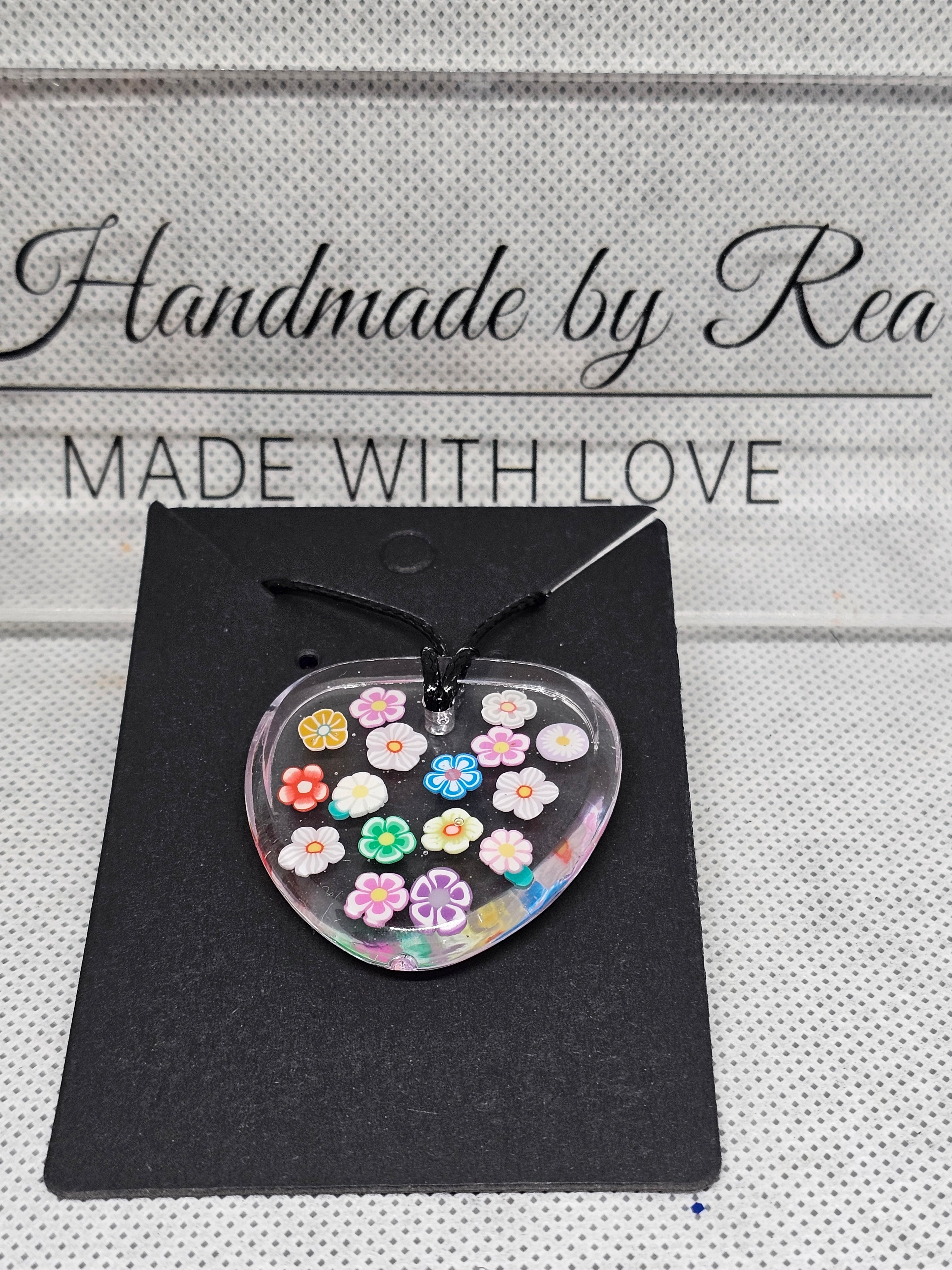 Epoxy Heart Pendant – Colorful Flower Charm Necklace