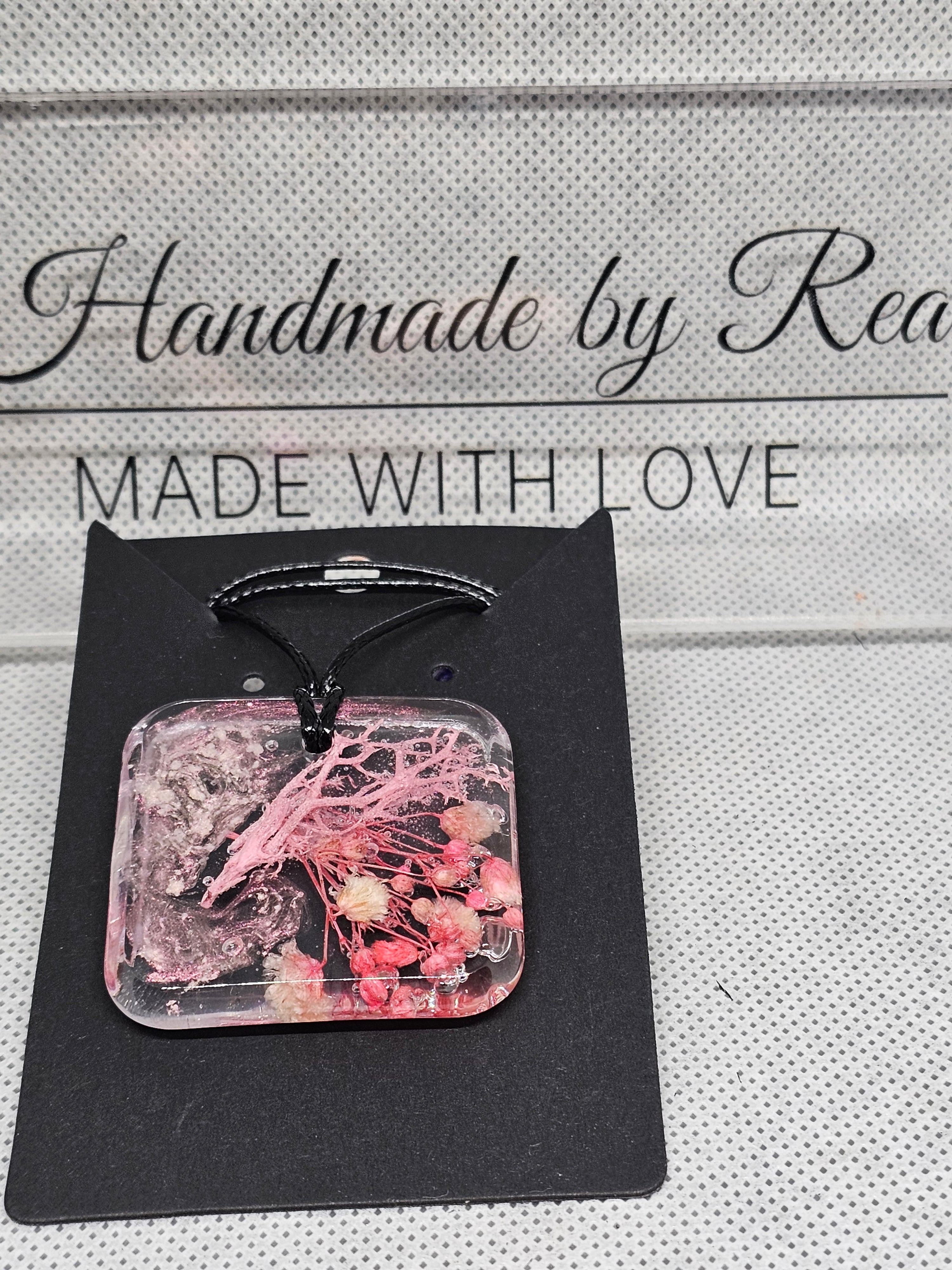 Pink Dried Flower Square Resin Pendant – Handmade Necklace