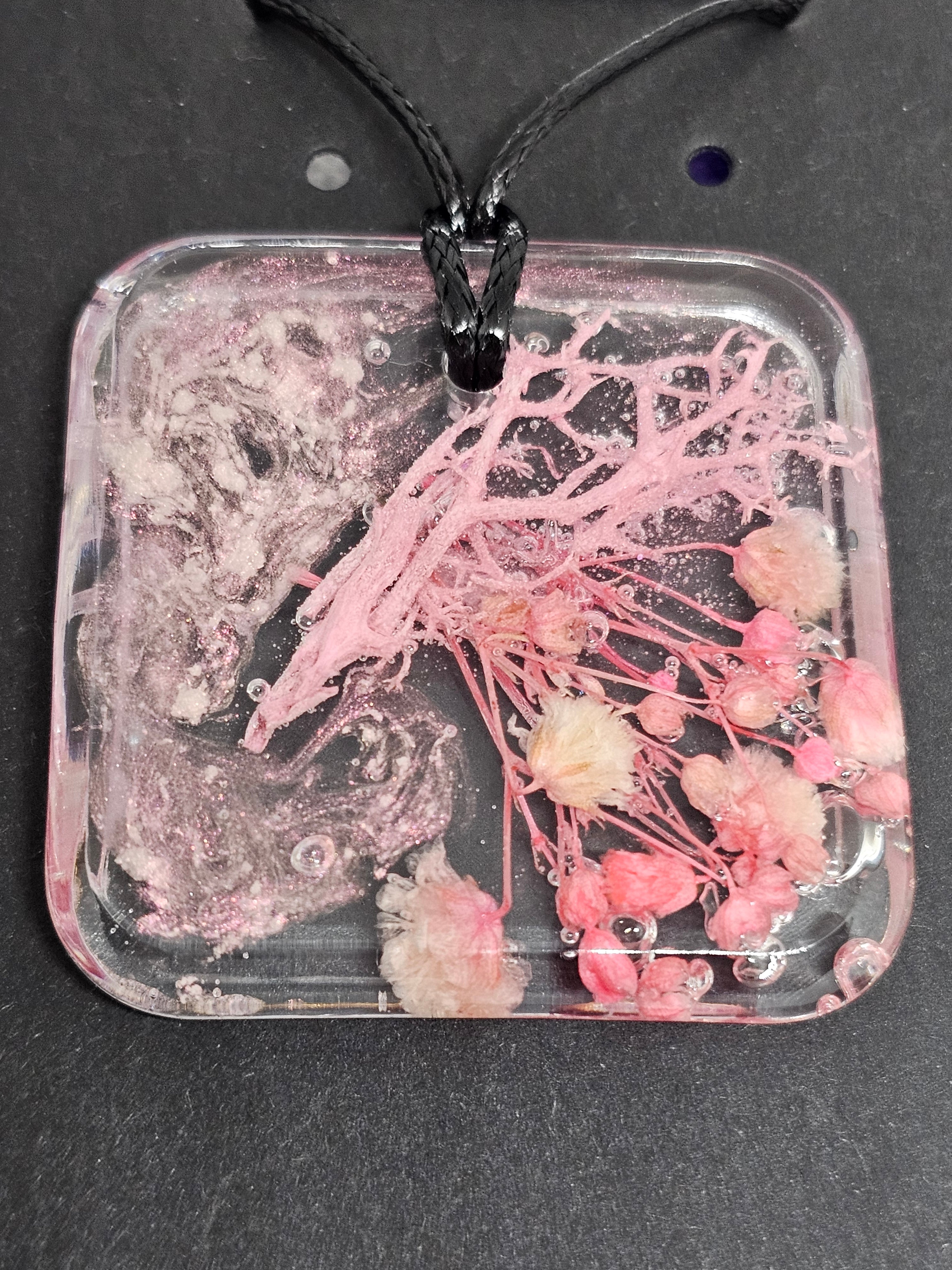 Pink Dried Flower Square Resin Pendant – Handmade Necklace