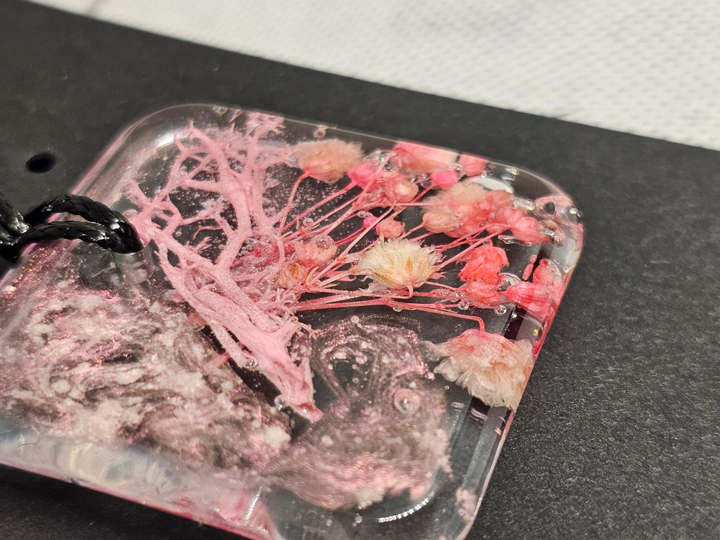 Pink Dried Flower Square Resin Pendant – Handmade Necklace
