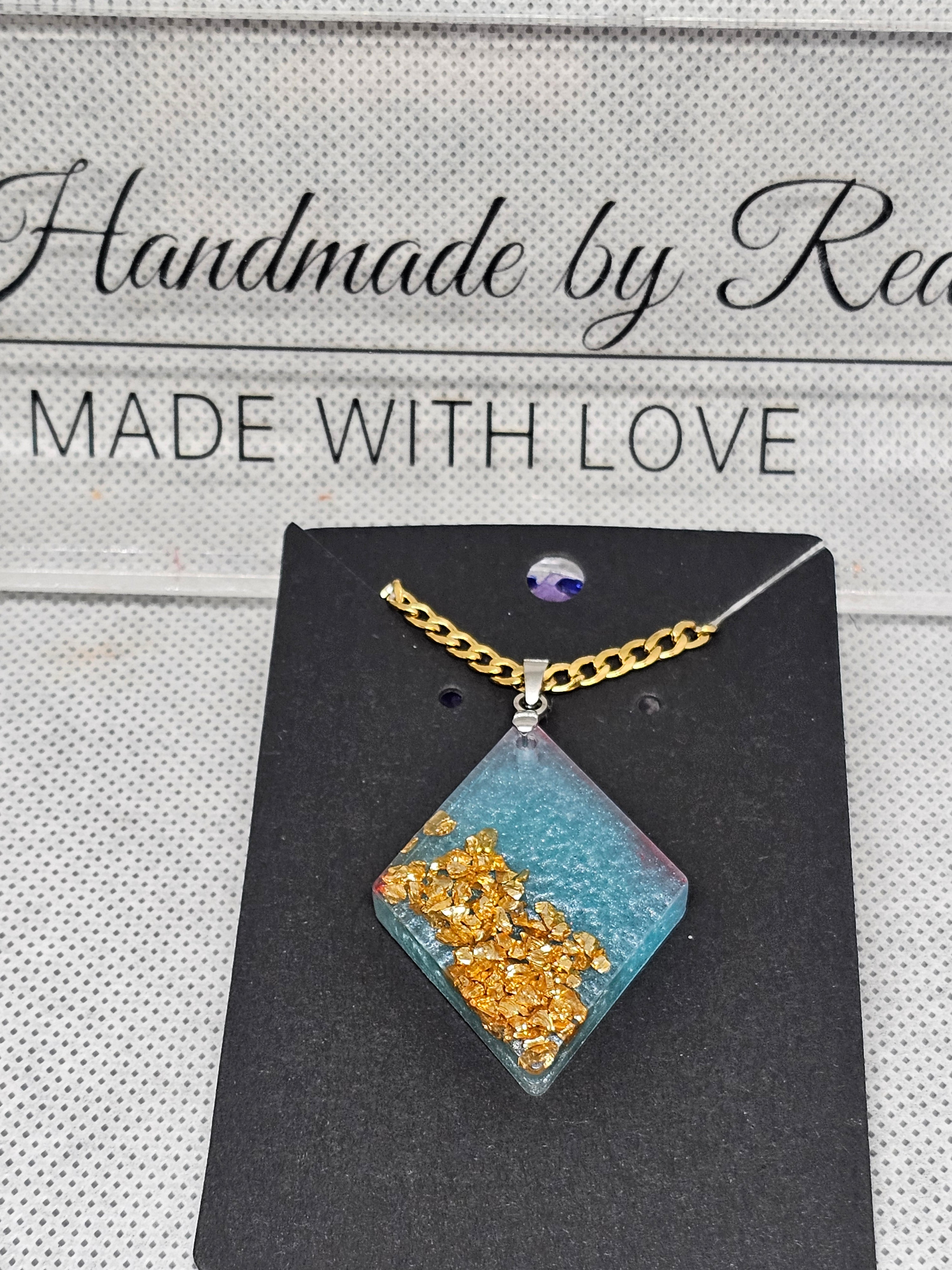 Ocean Gold Diamond Resin Pendant – Handmade Necklace