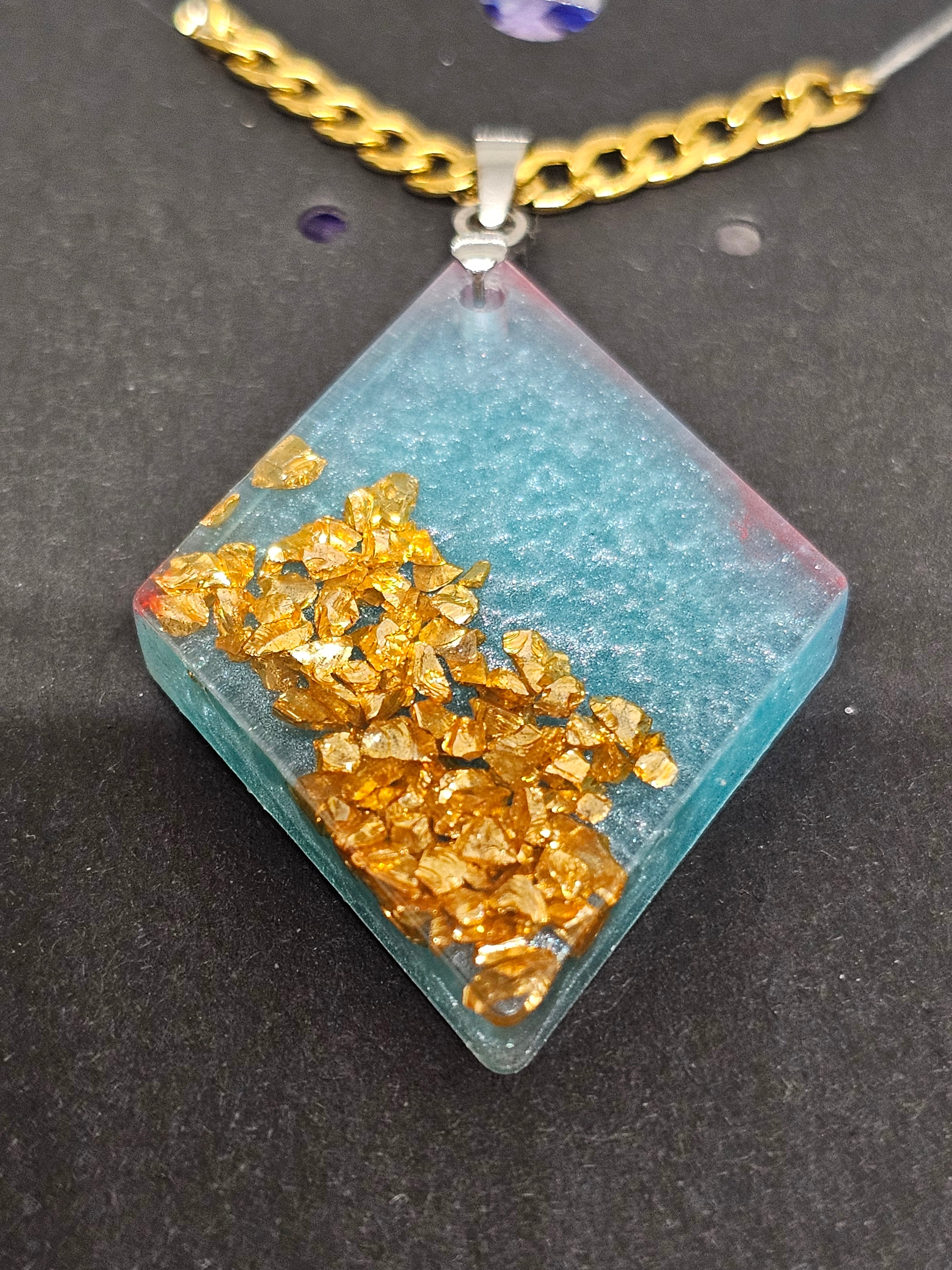 Ocean Gold Diamond Resin Pendant – Handmade Necklace