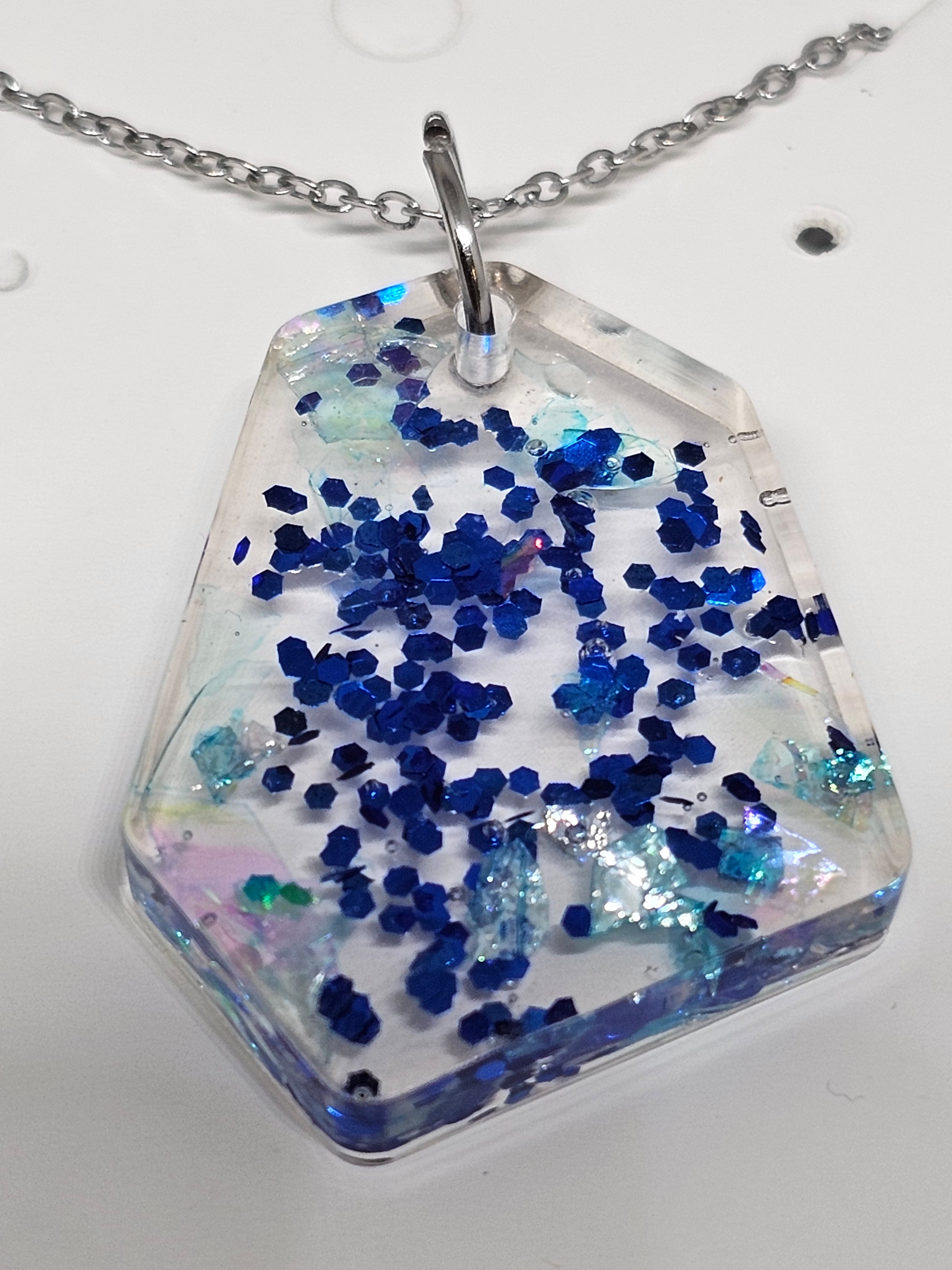 Ocean Spark Resin Pendant – Blue Glitter Necklace