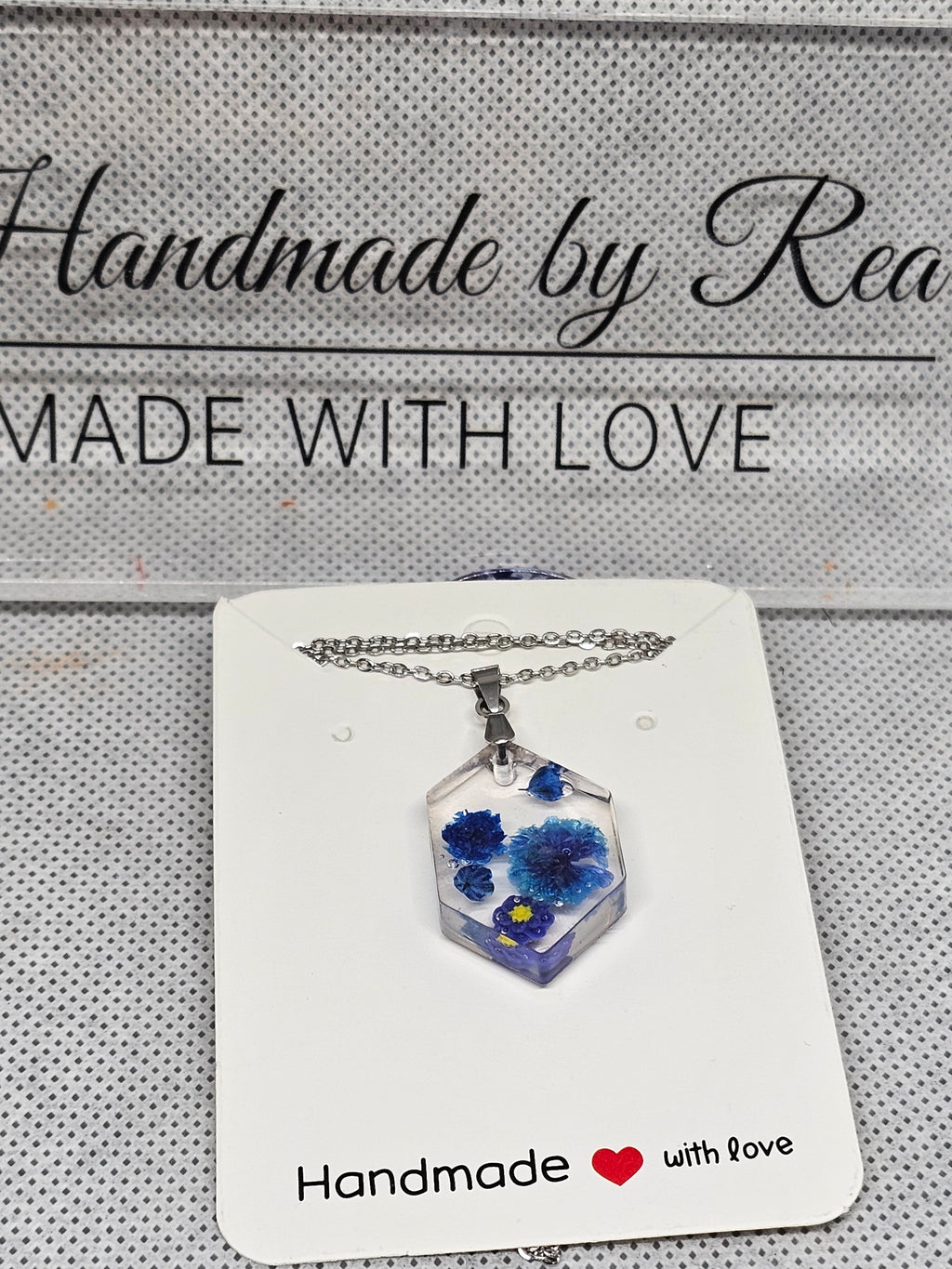 Blue Blossom Mini Hexagon Pendant – Resin Necklace