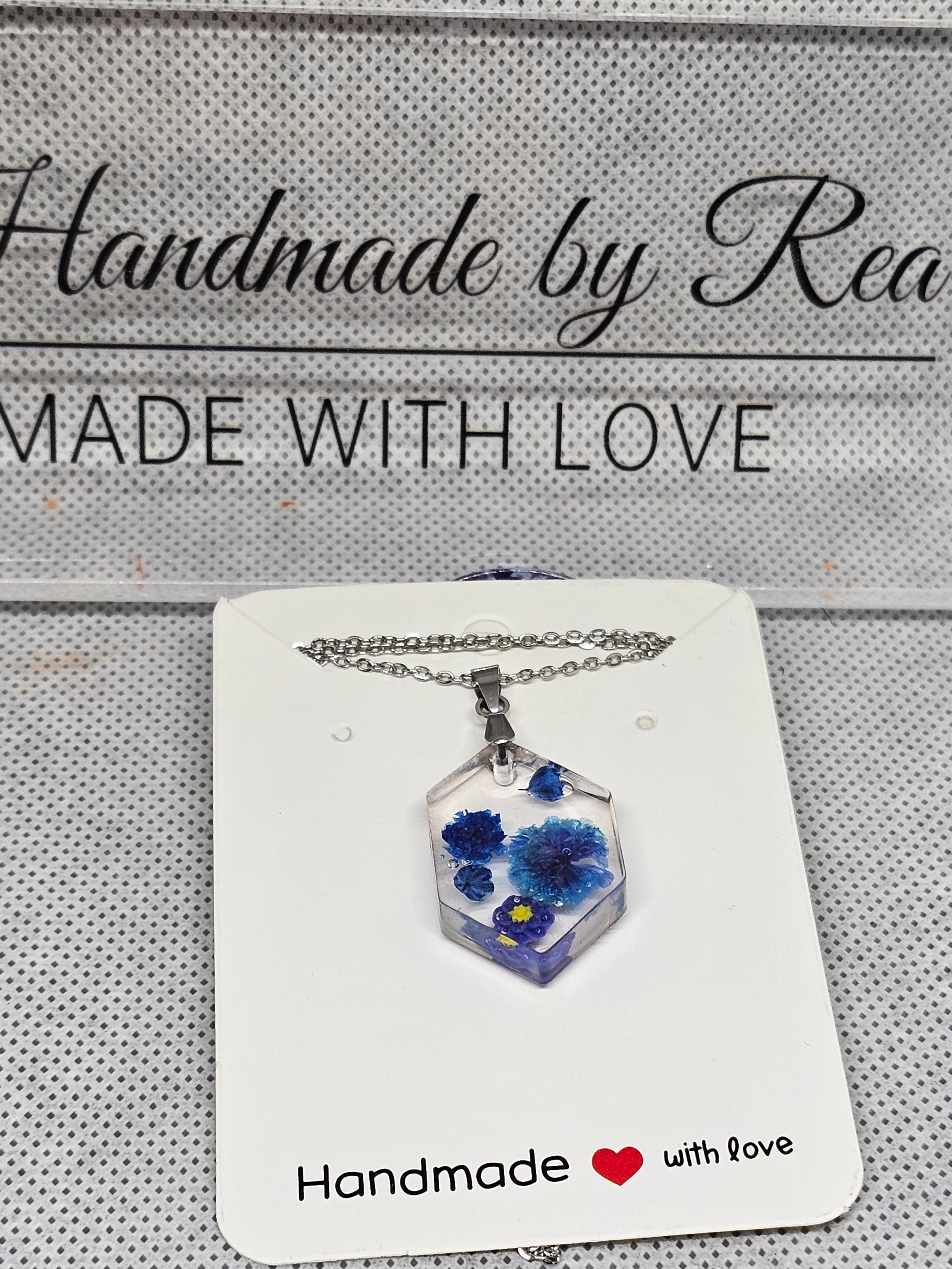 Blue Blossom Mini Hexagon Pendant – Resin Necklace