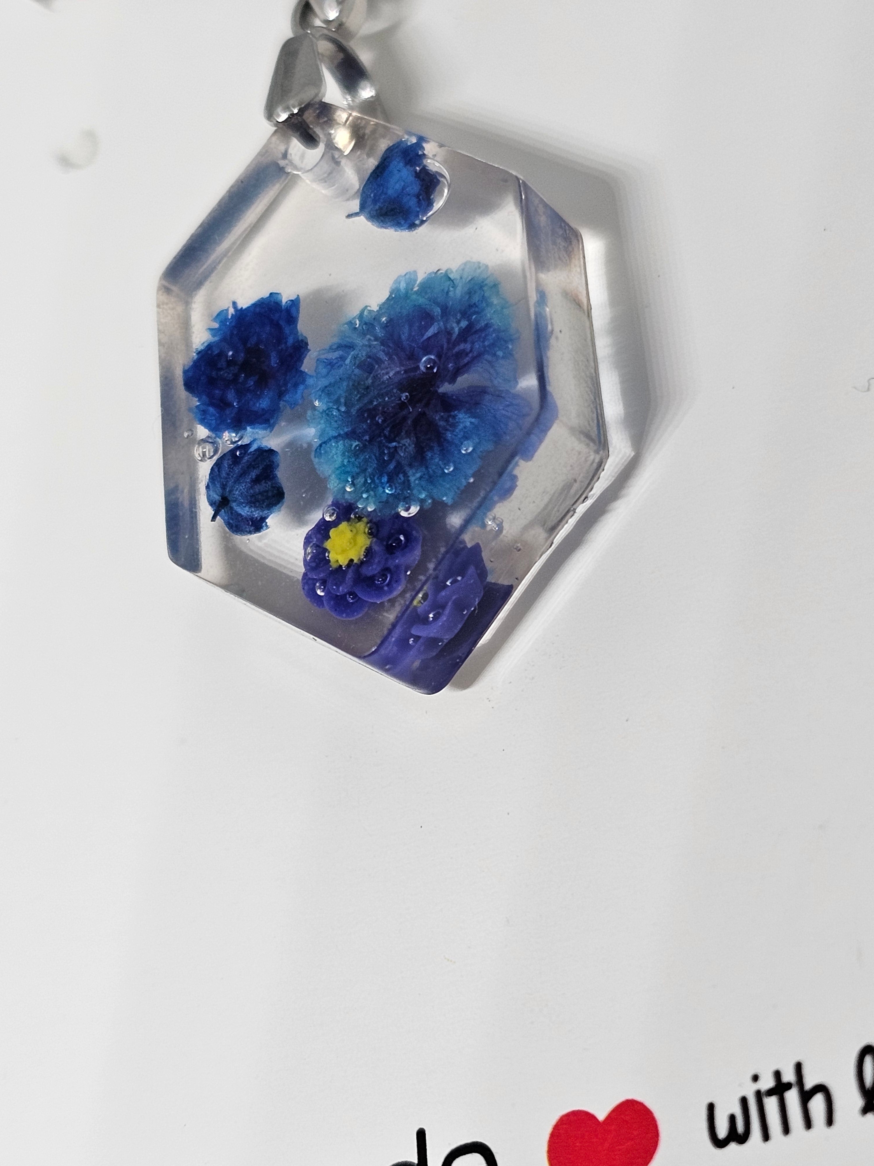 Blue Blossom Mini Hexagon Pendant – Resin Necklace