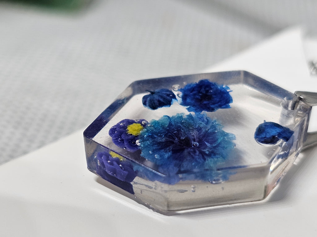 Blue Blossom Mini Hexagon Pendant – Resin Necklace