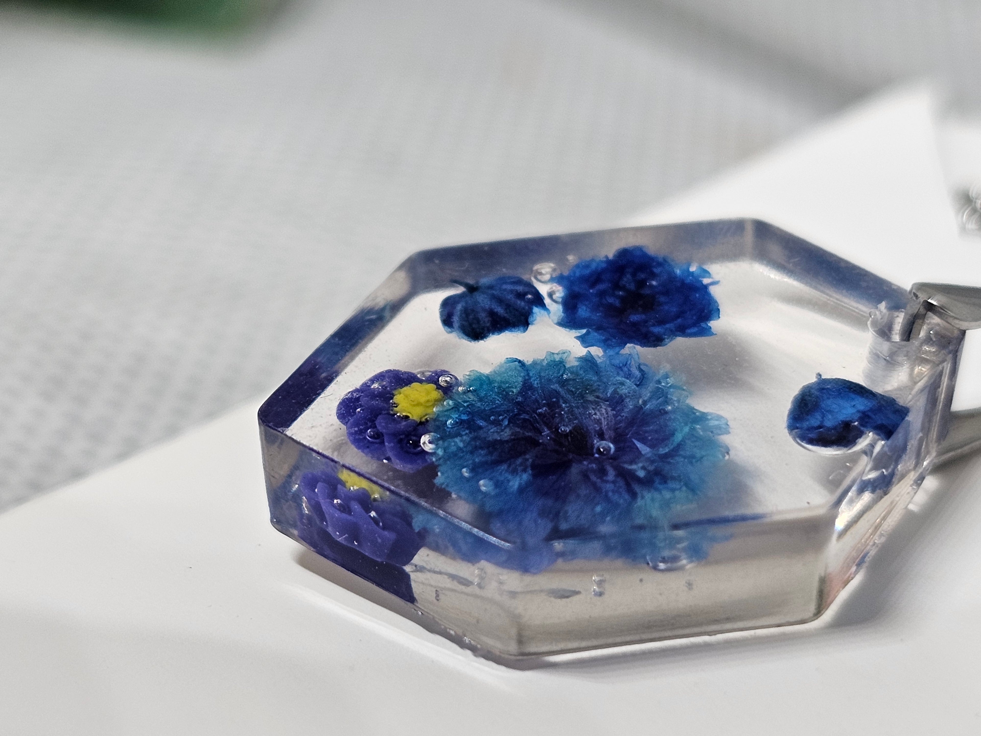 Blue Blossom Mini Hexagon Pendant – Resin Necklace