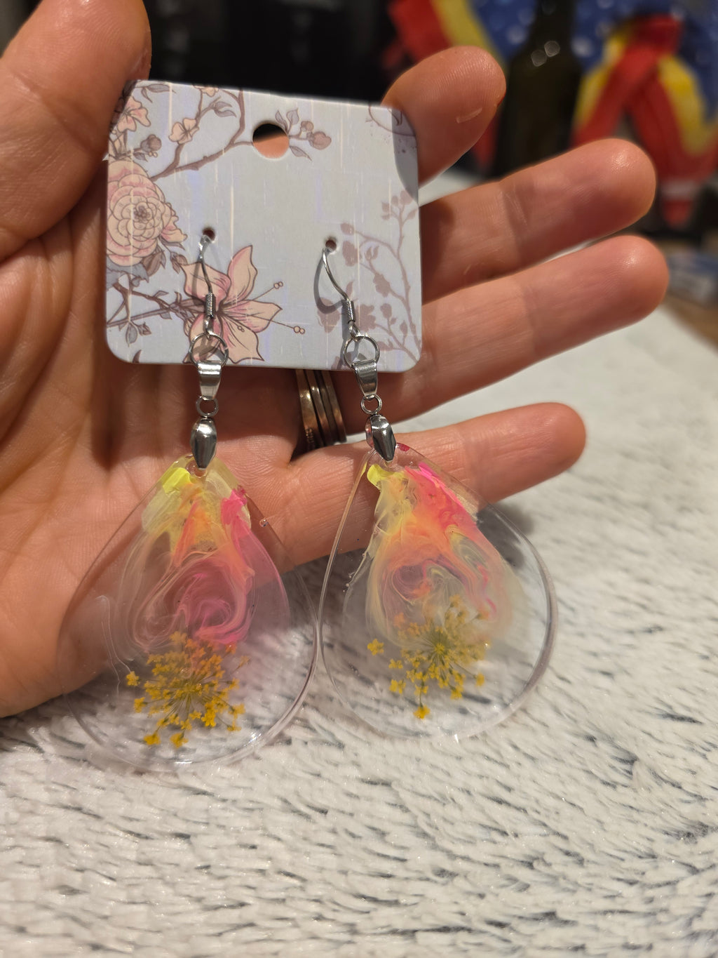 Resin earrings – teardrops with real dried flowers in yellow & pink tones, stainless-steel hooks
