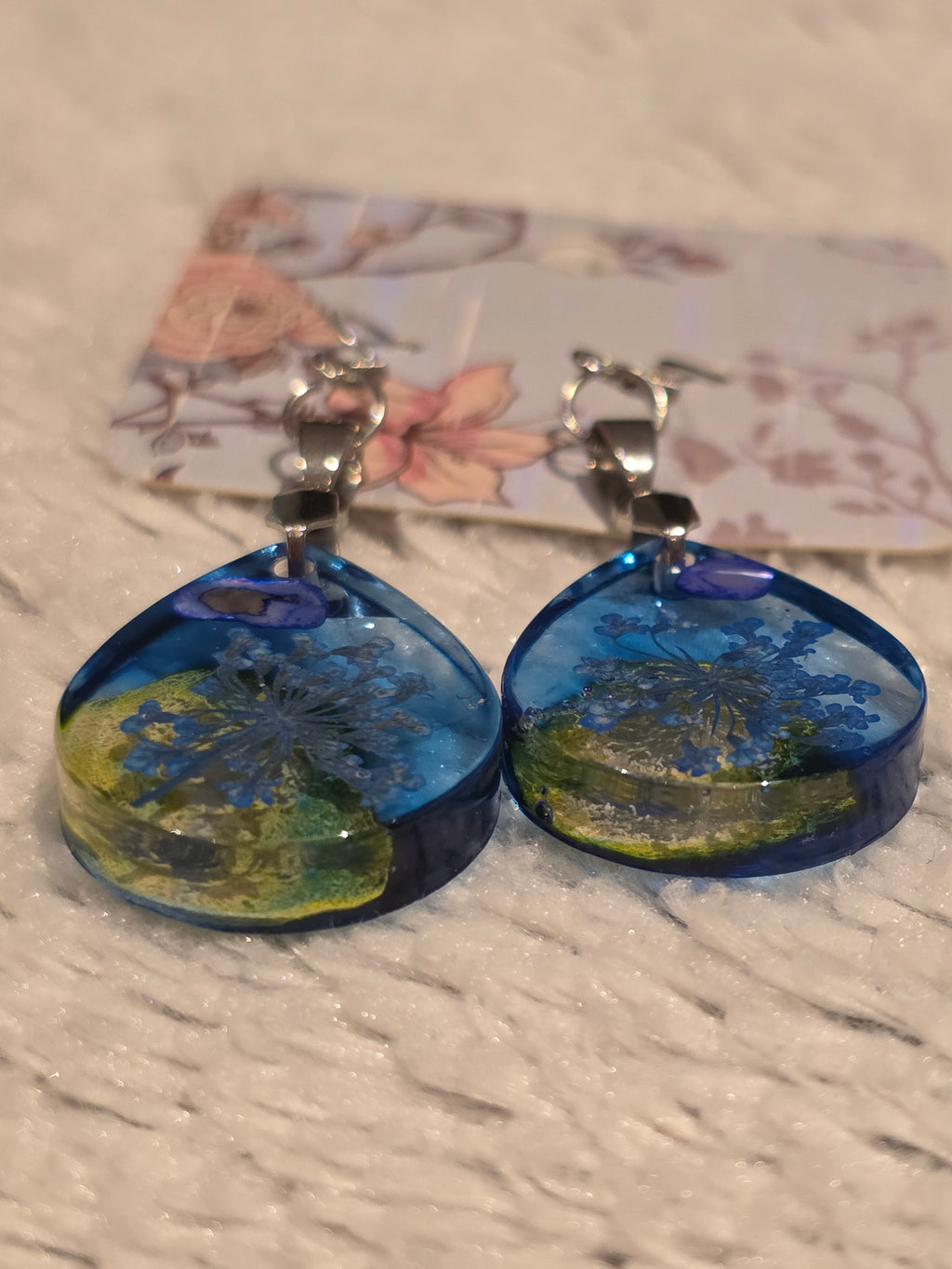 Resin earrings – blue-green “ocean drop” teardrops, stainless-steel hooks