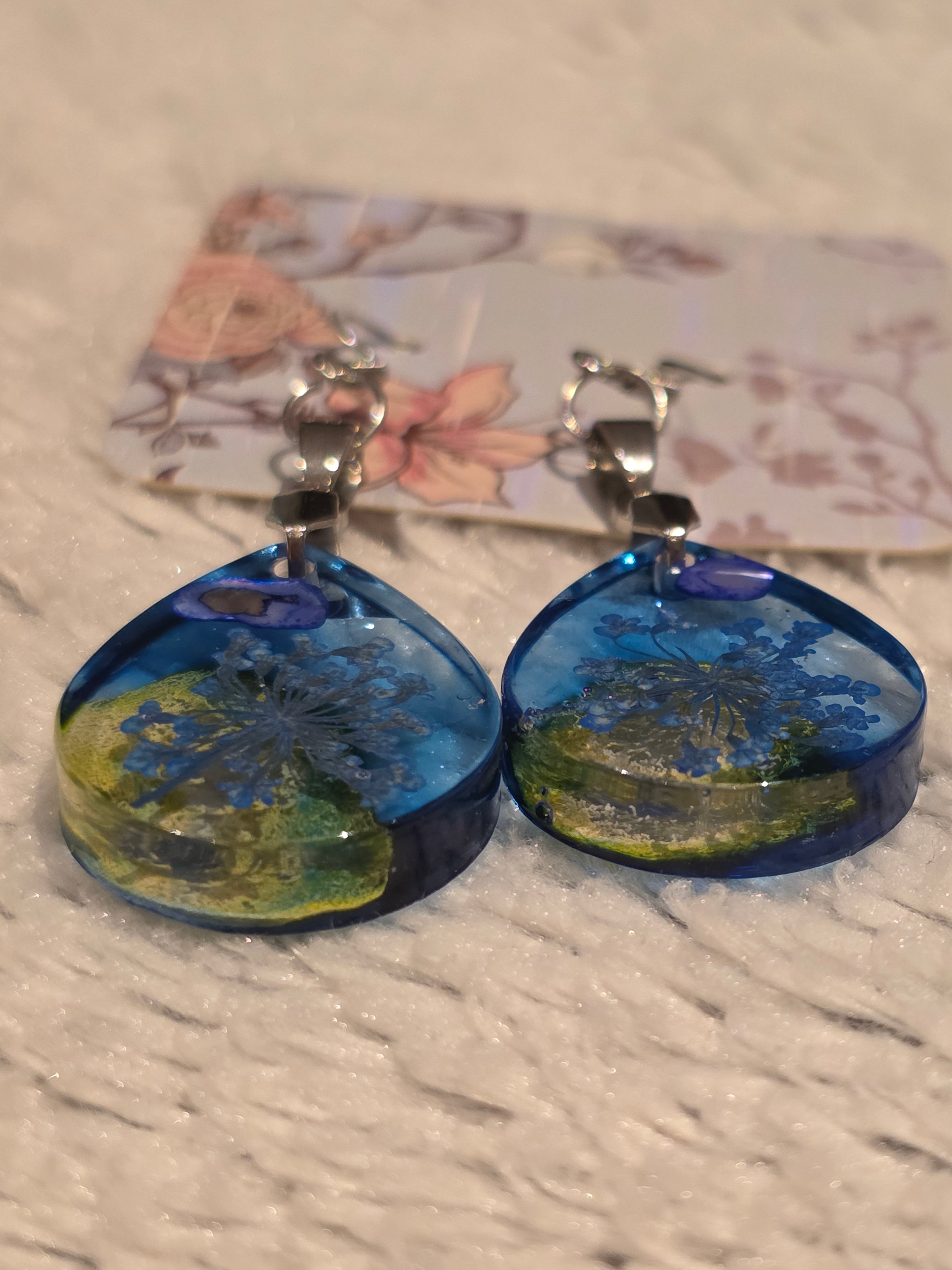 Resin earrings – blue-green “ocean drop” teardrops, stainless-steel hooks