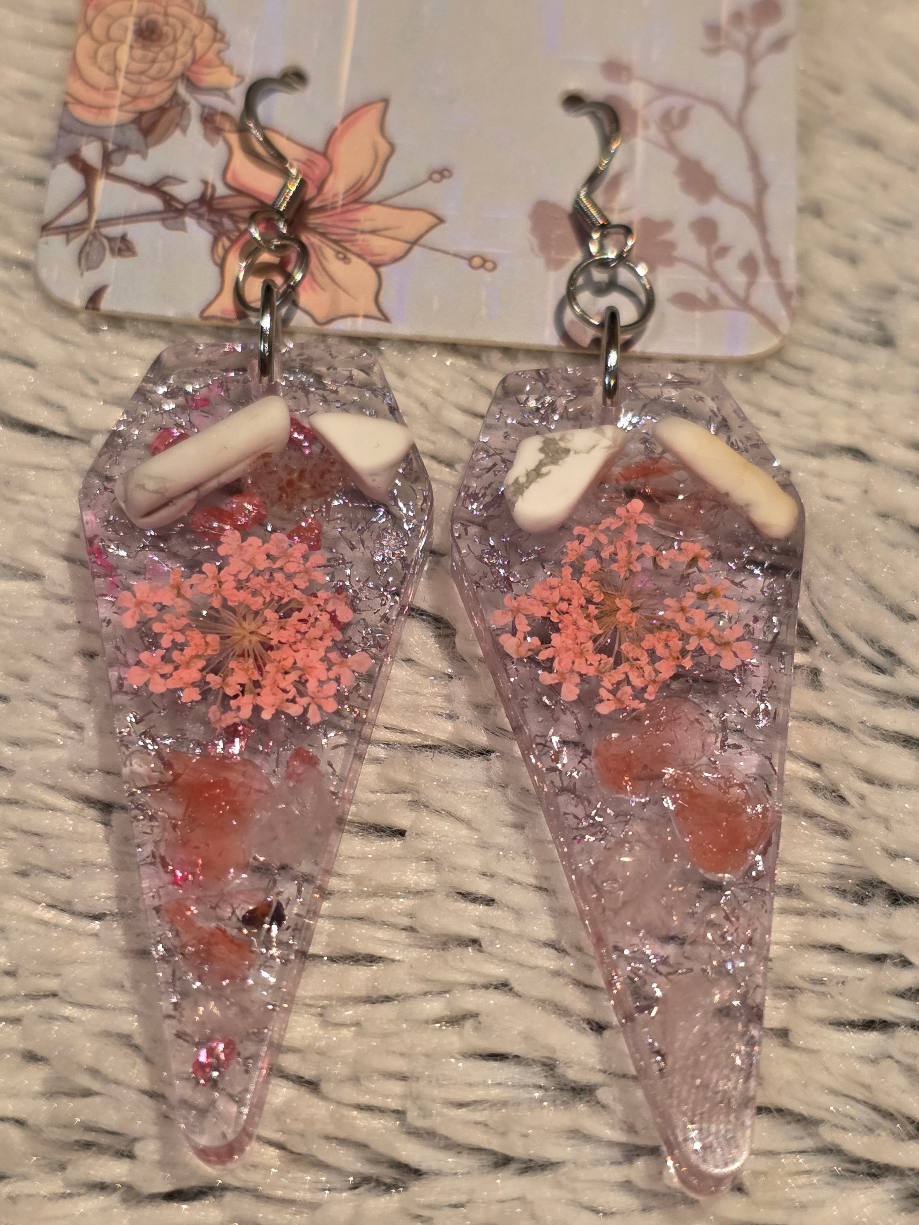 Resin earrings – crystal-style drops with real dried flowers & semi-precious stones, stainless-steel hooks