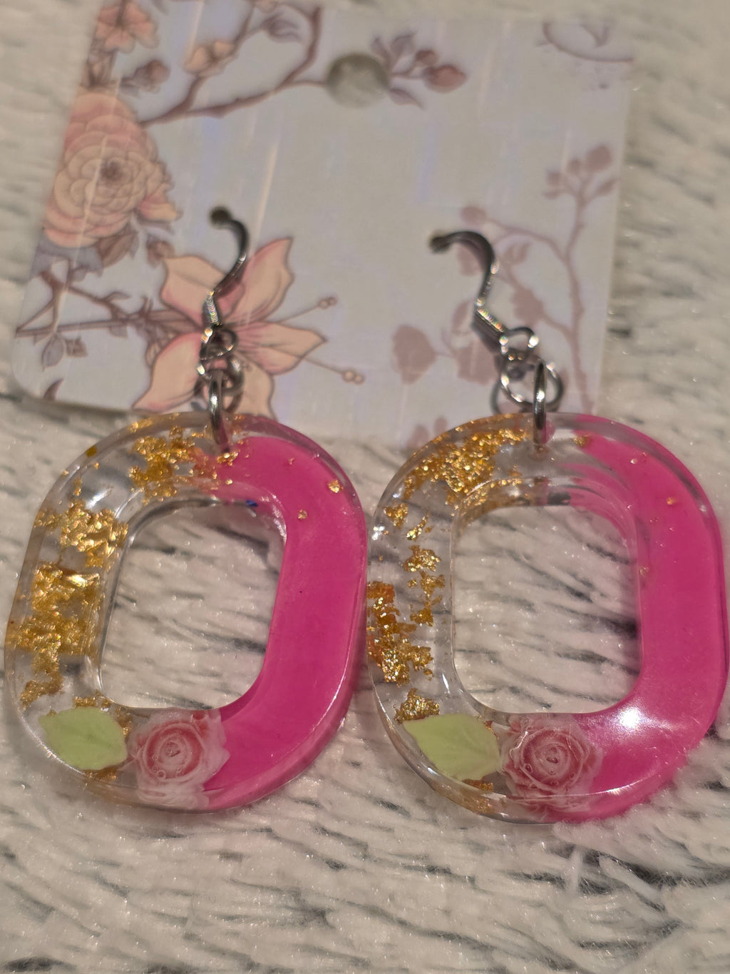 Resin earrings – pink hoops with floral & gold details, stainless-steel hooks