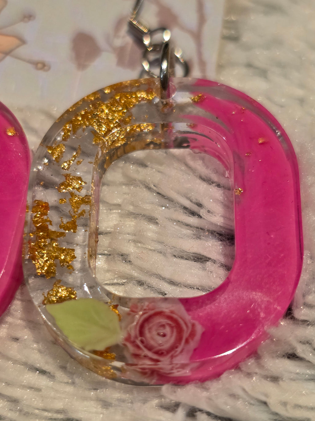 Resin earrings – pink hoops with floral & gold details, stainless-steel hooks