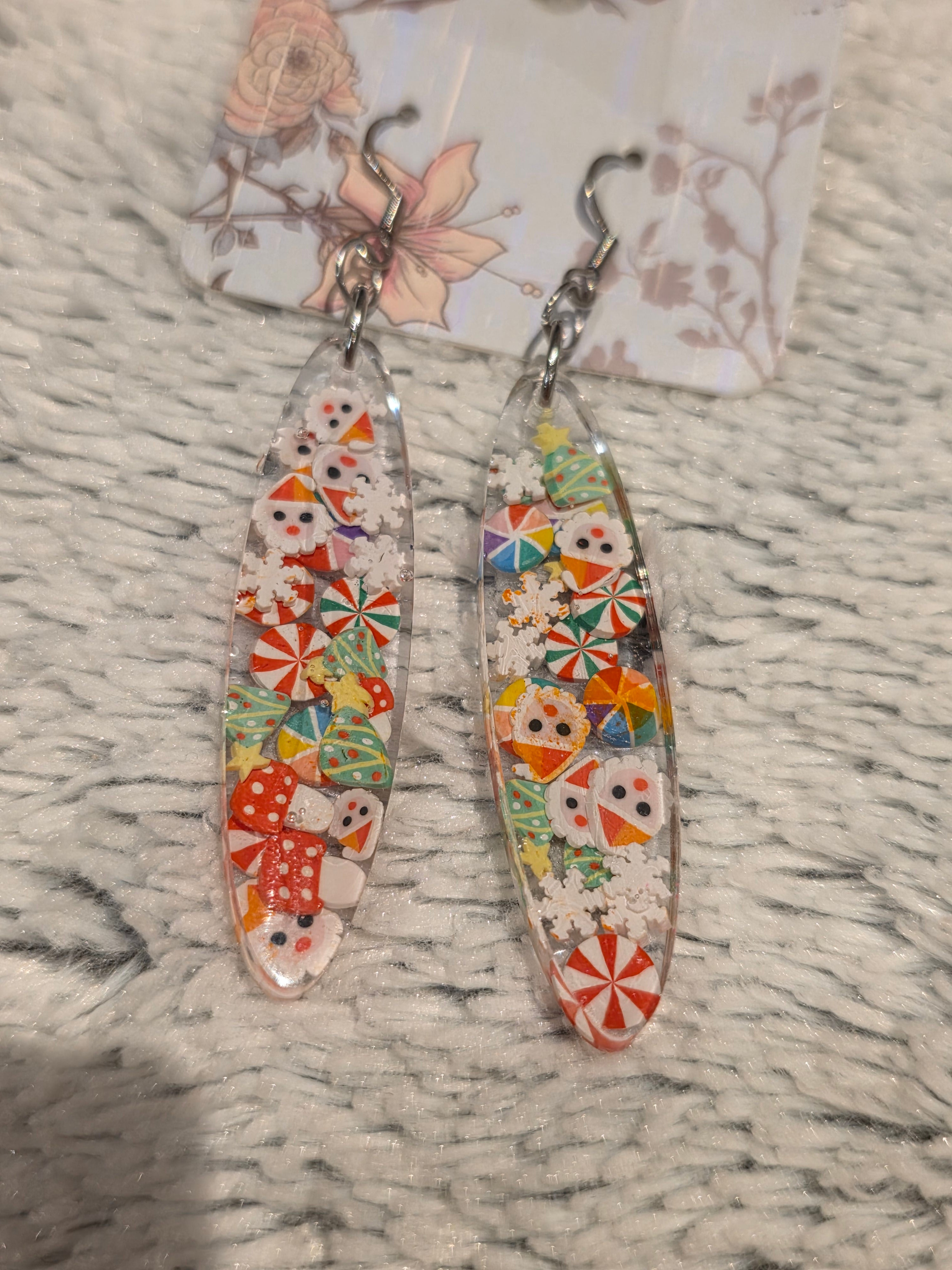 Resin earrings – colourful floral oval design, stainless-steel hooks