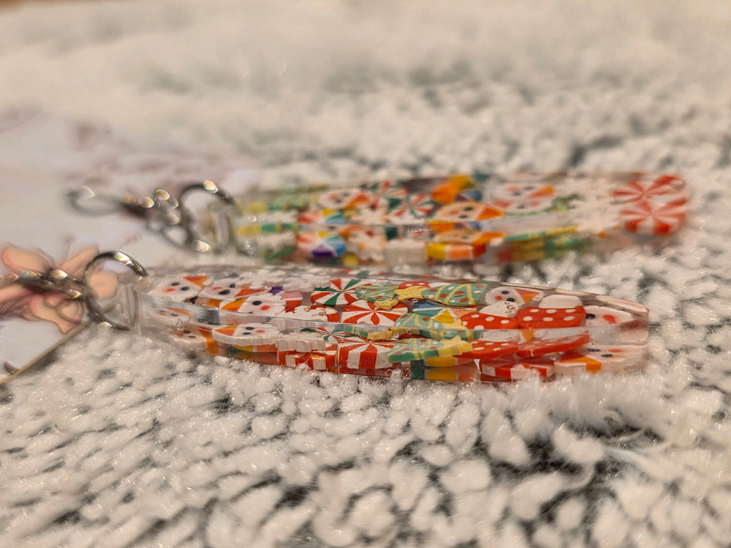 Resin earrings – colourful floral oval design, stainless-steel hooks