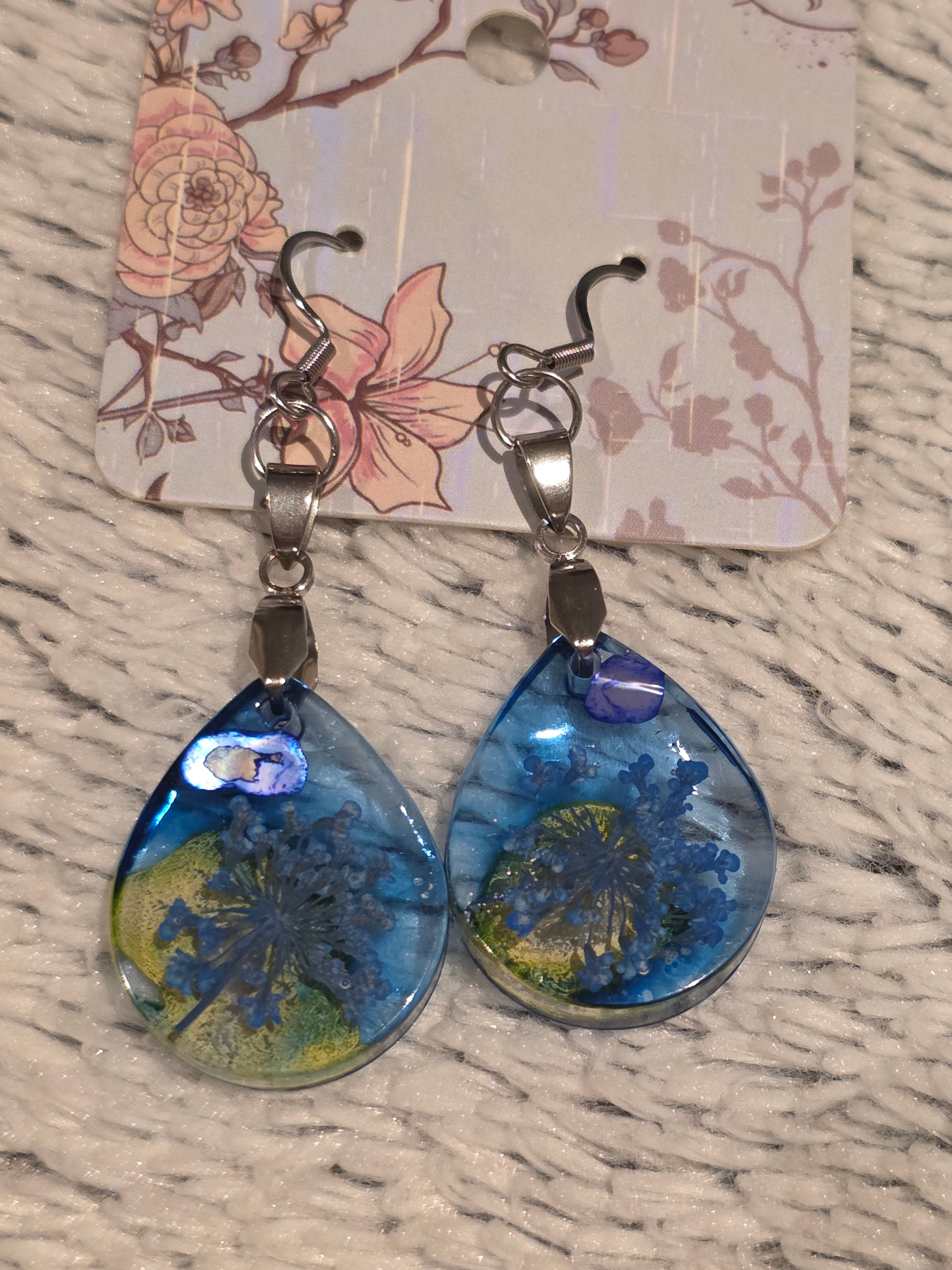 Resin earrings – blue-green “ocean drop” teardrops, stainless-steel hooks