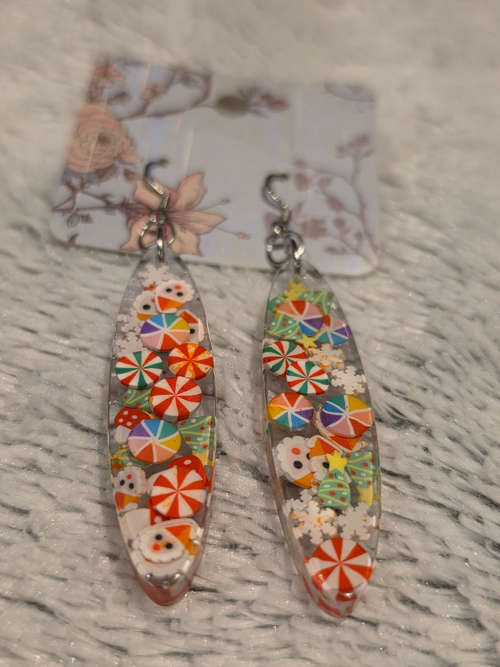 Resin earrings – colourful floral oval design, stainless-steel hooks