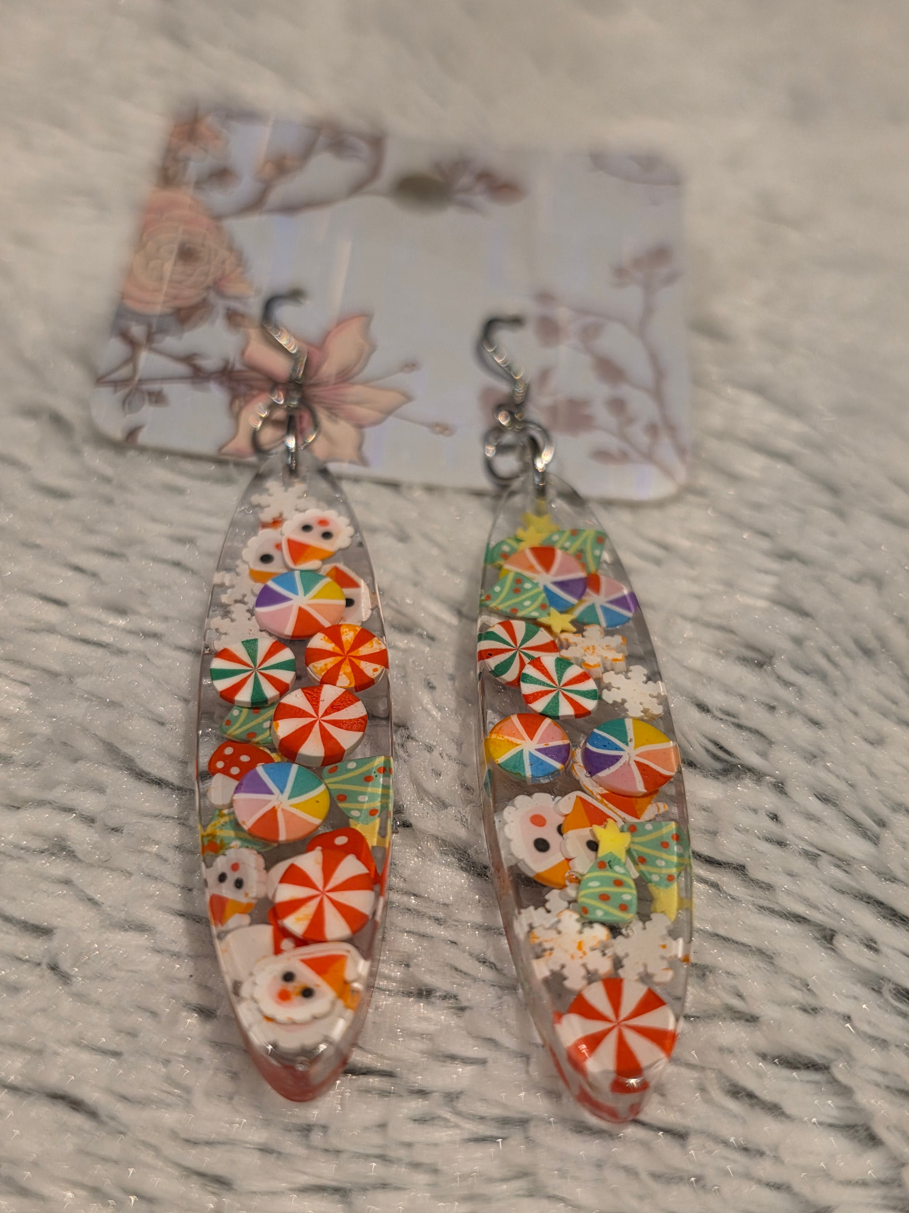 Resin earrings – colourful floral oval design, stainless-steel hooks