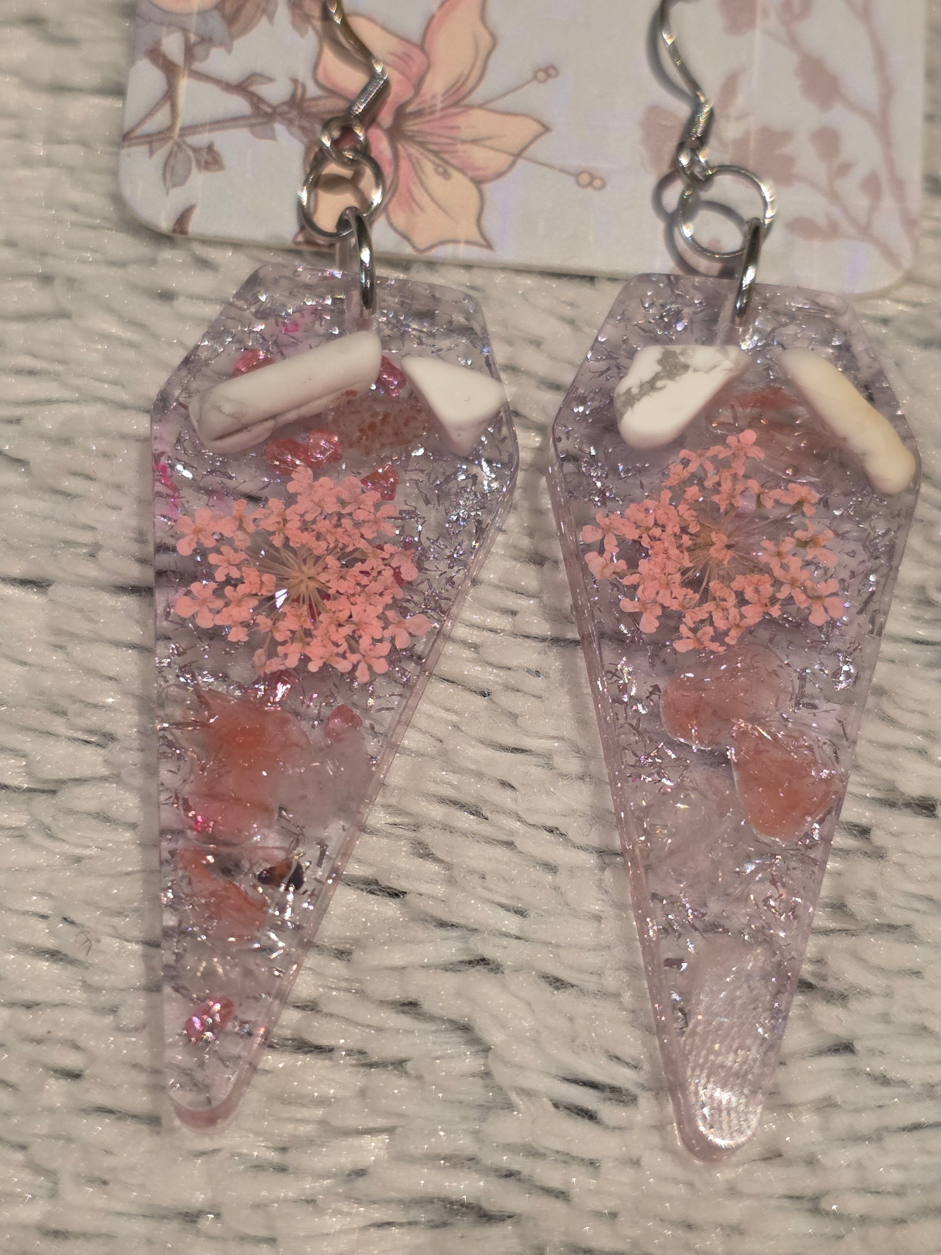 Resin earrings – crystal-style drops with real dried flowers & semi-precious stones, stainless-steel hooks