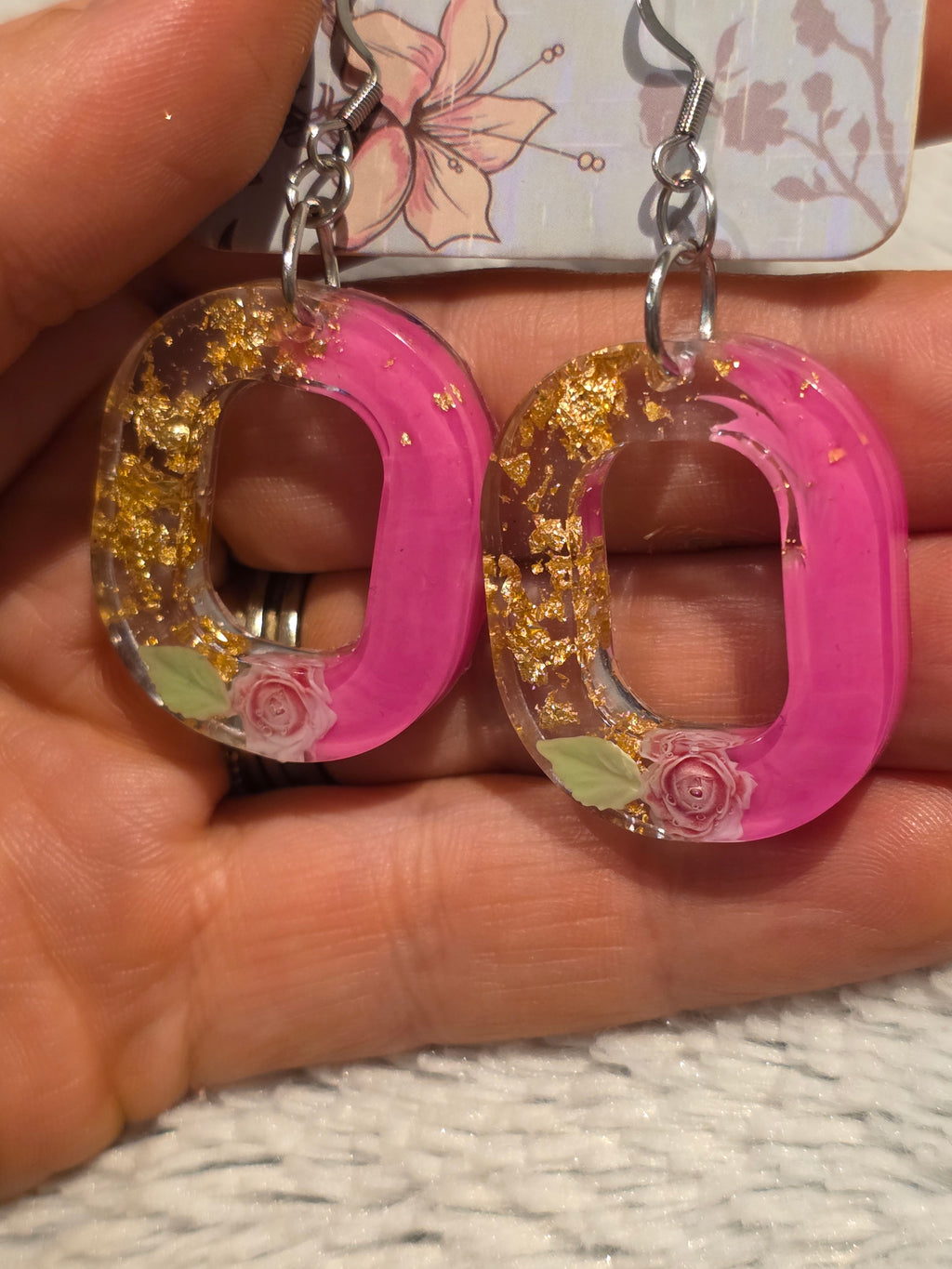 Resin earrings – pink hoops with floral & gold details, stainless-steel hooks