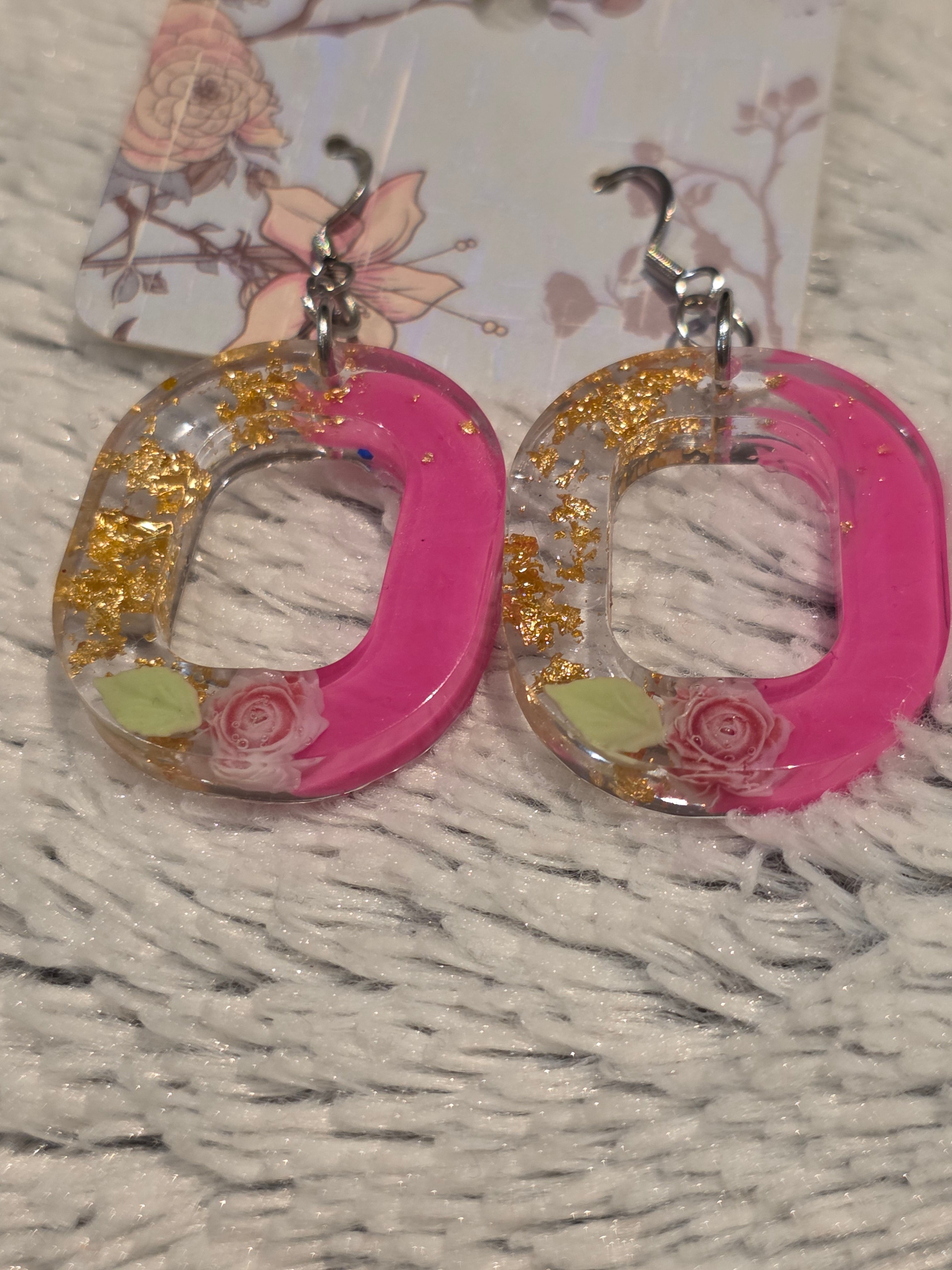 Resin earrings – pink hoops with floral & gold details, stainless-steel hooks