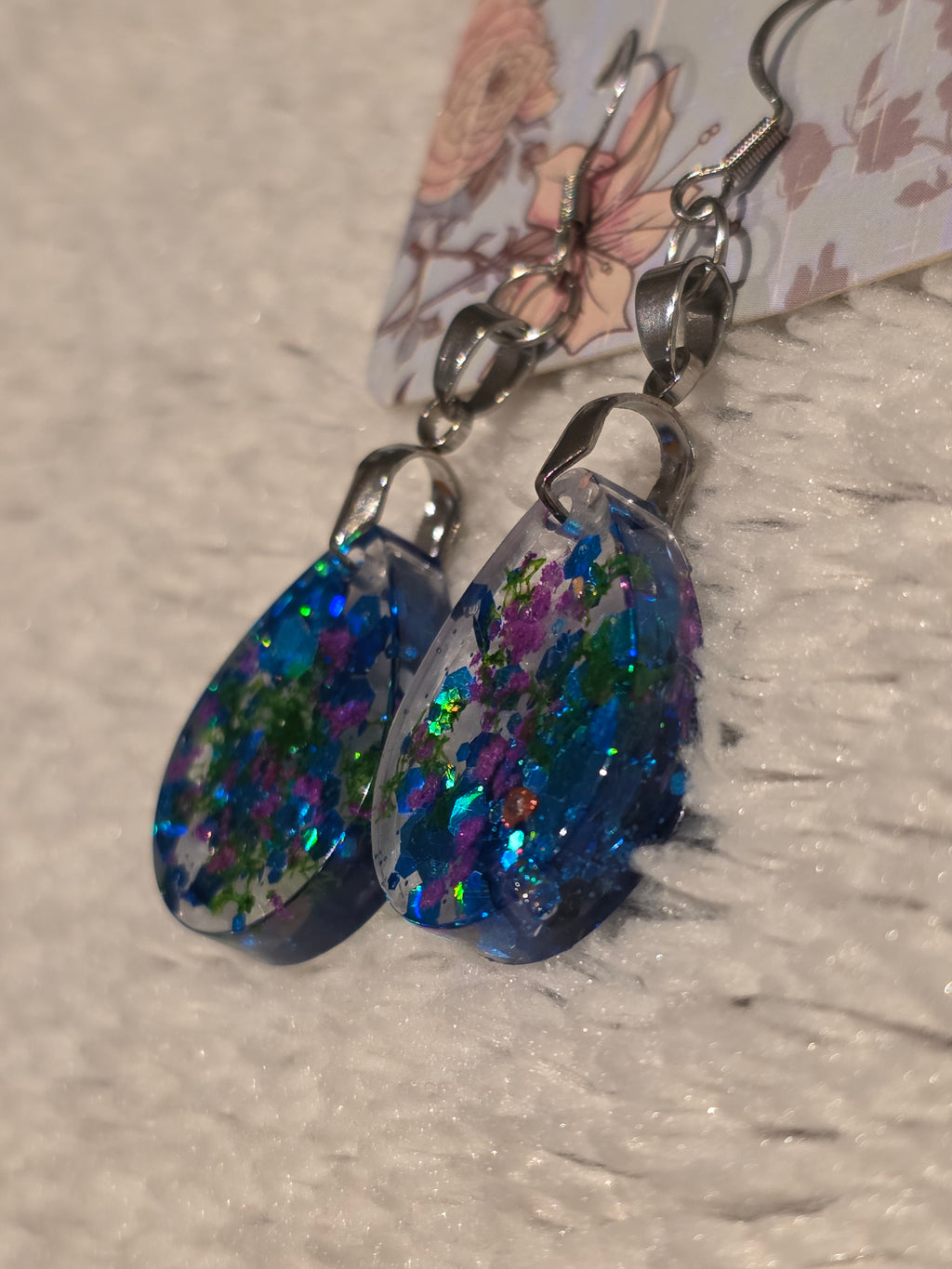Handmade resin earrings – blue holographic glitter, stainless-steel hooks