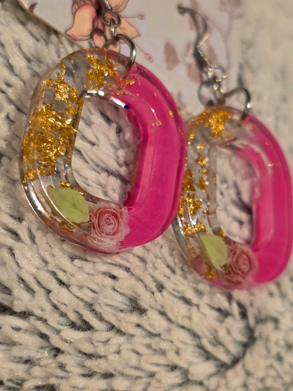 Resin earrings – pink hoops with floral & gold details, stainless-steel hooks