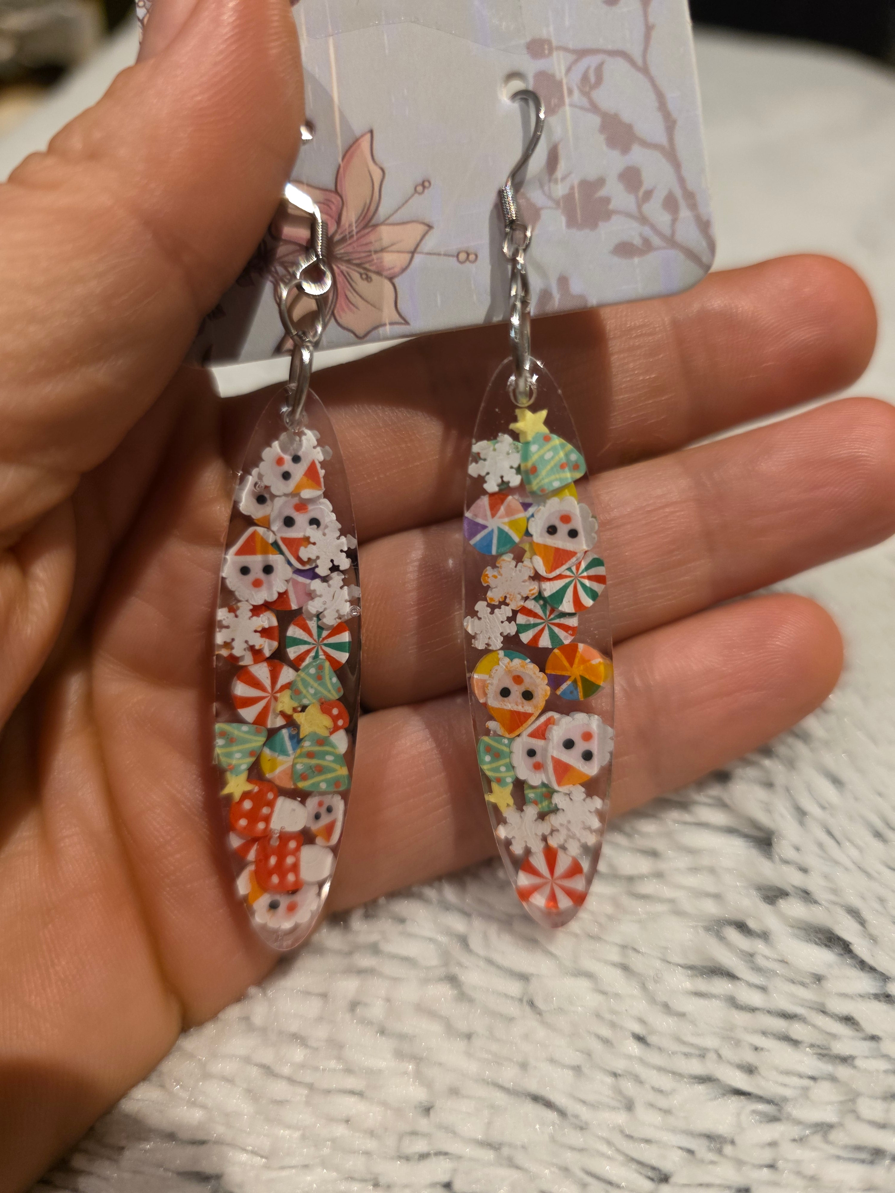 Resin earrings – colourful floral oval design, stainless-steel hooks