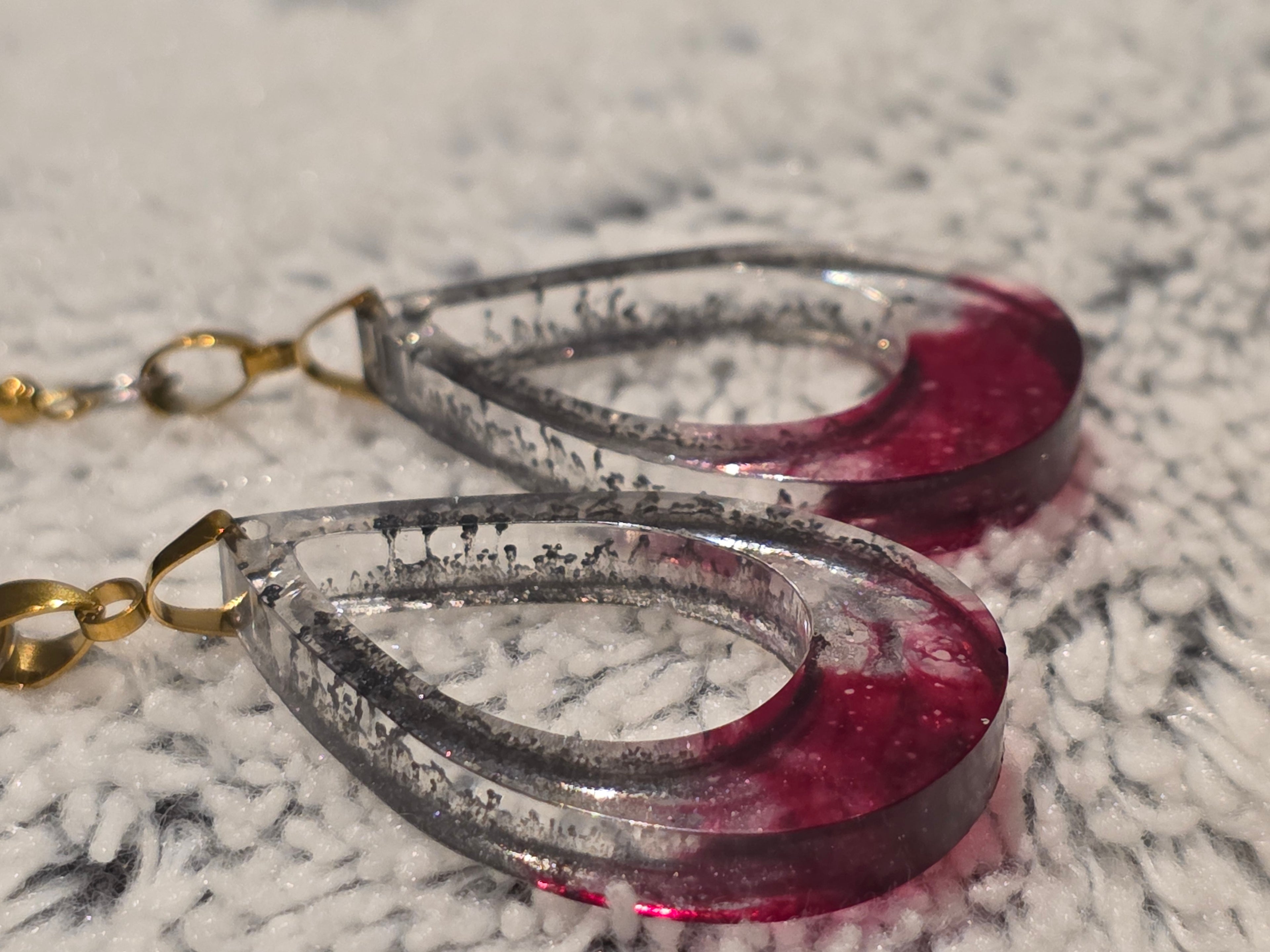 Epoxy Resin Earrings with Red & Silver Effect (Steel Hooks)