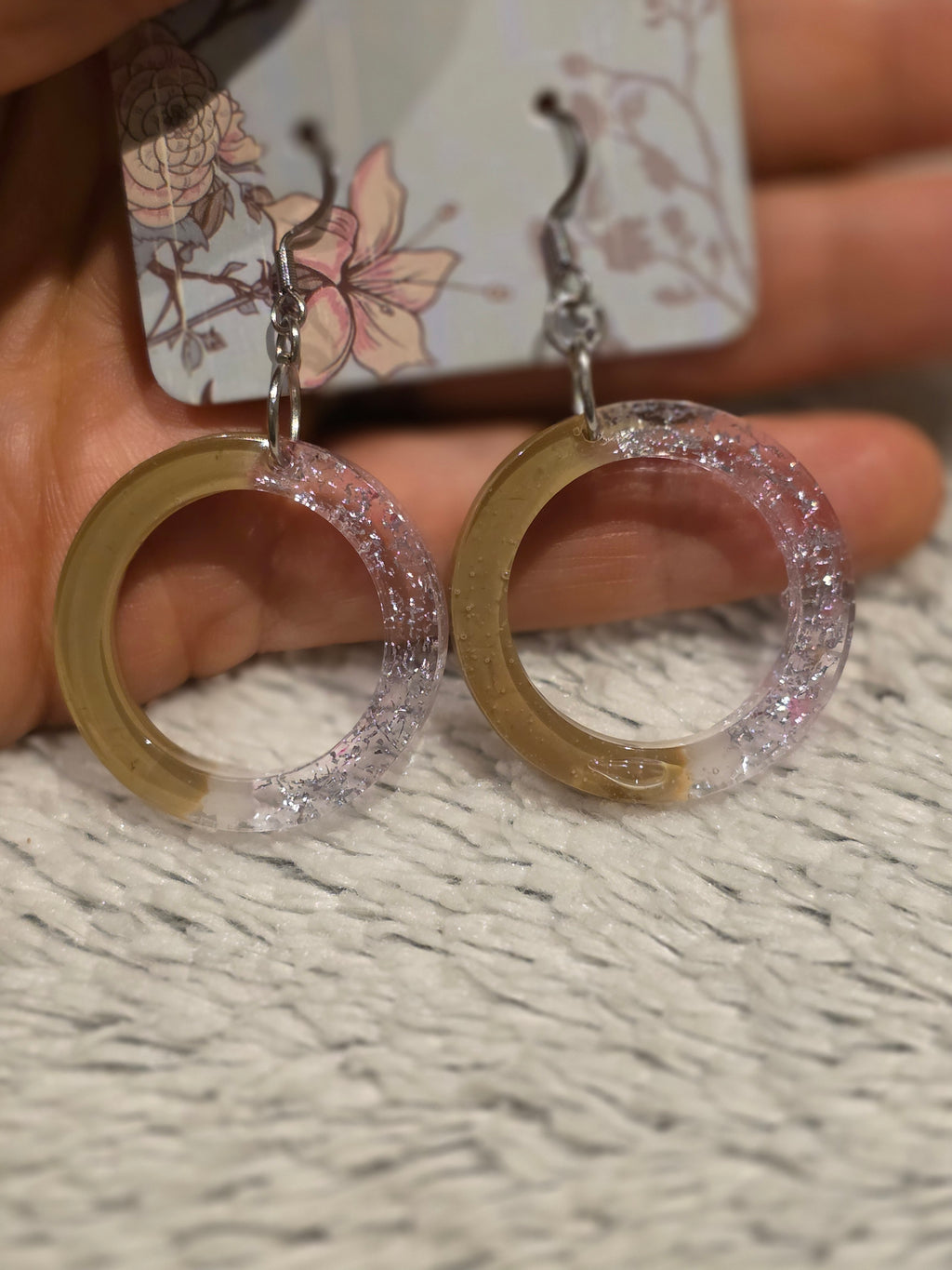 Resin earrings – clear hoops with gold pigment and silver glitter effect, stainless-steel hooks