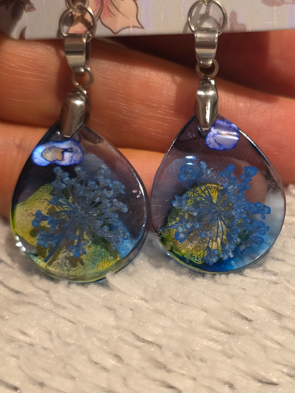 Resin earrings – blue-green “ocean drop” teardrops, stainless-steel hooks