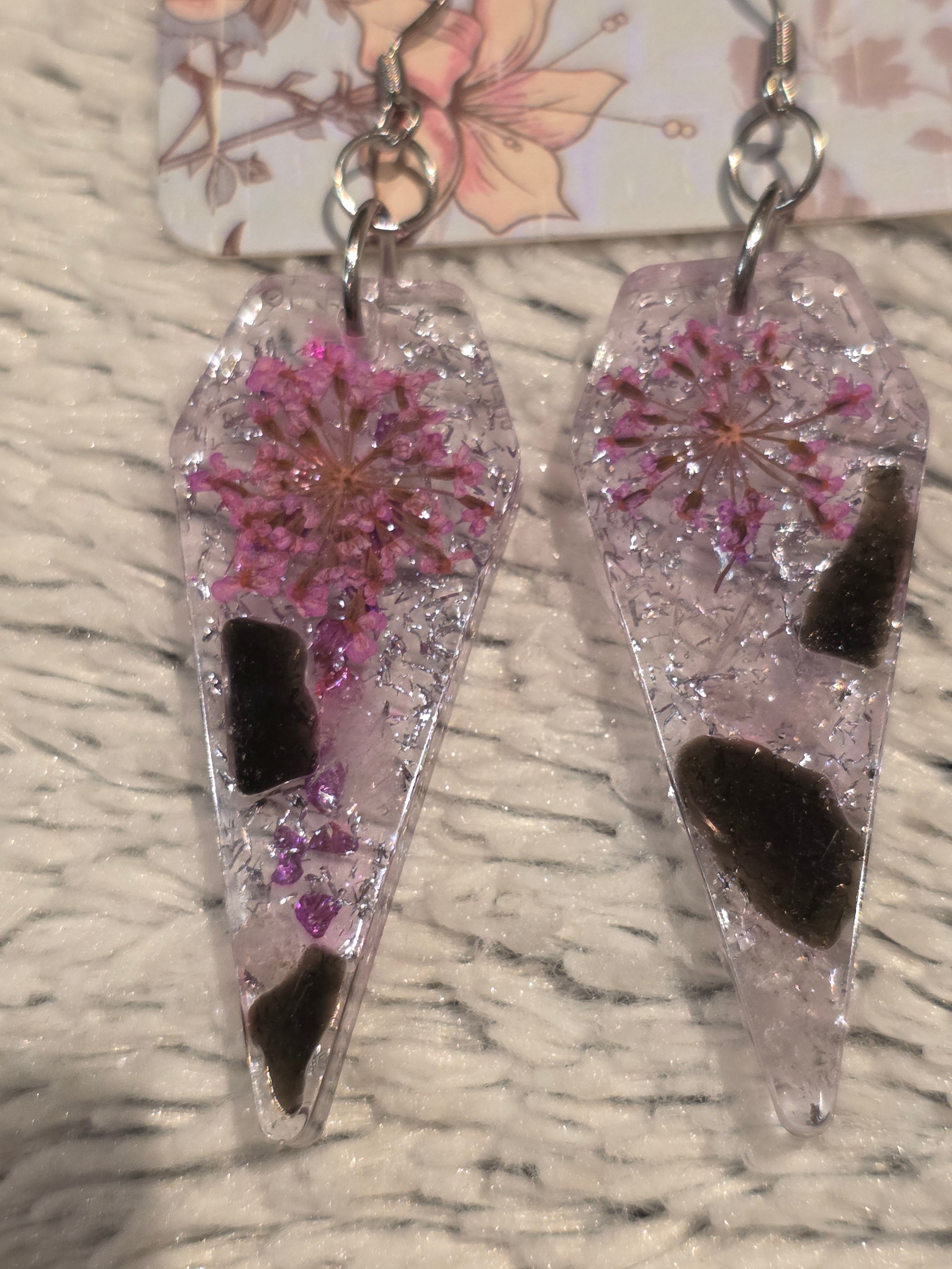 Handmade Resin Earrings with Semi-Precious Stones & Real Dried Flowers
