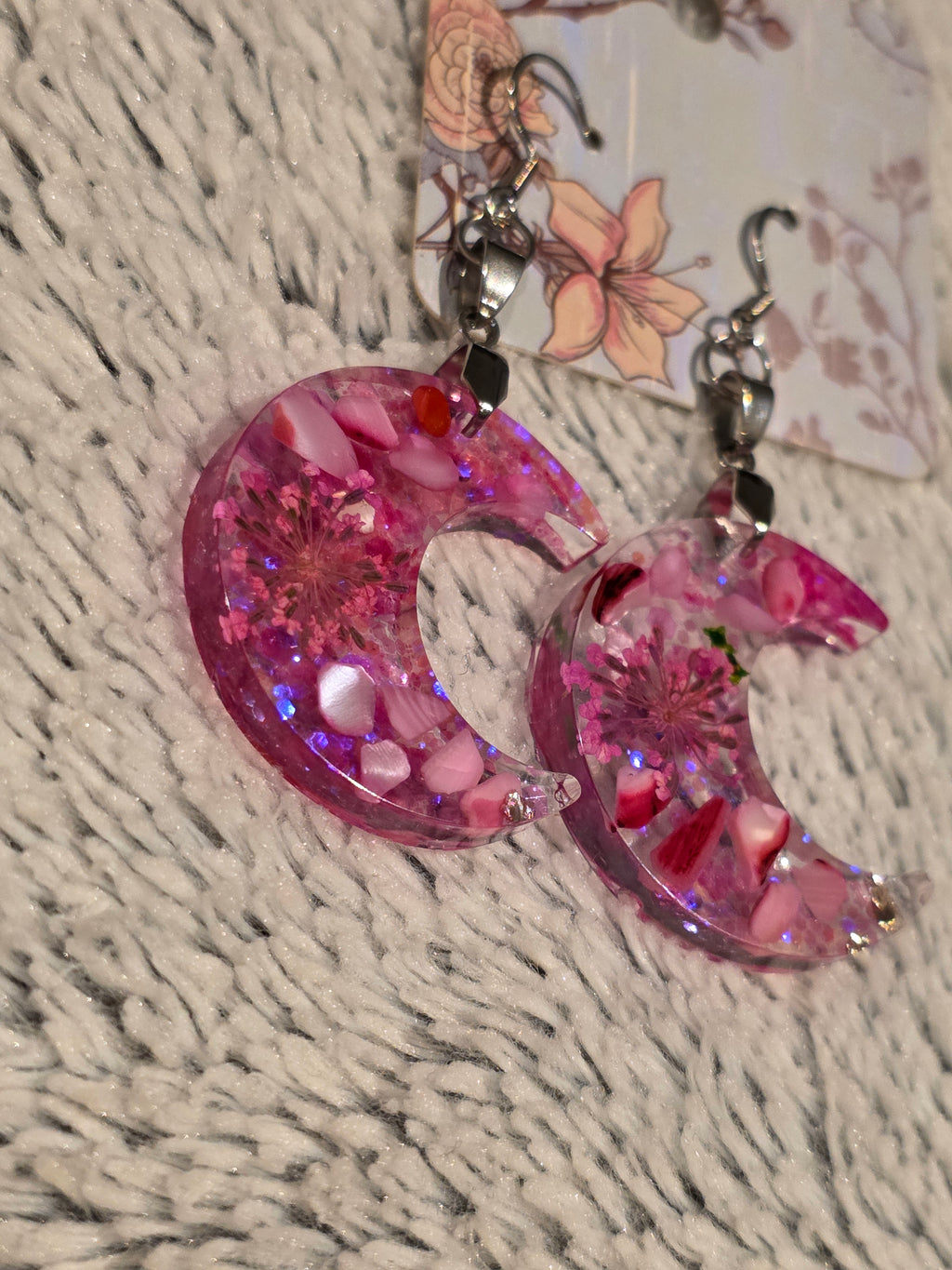 Resin earrings – pink crescent moons with glitter effect, stainless-steel hooks