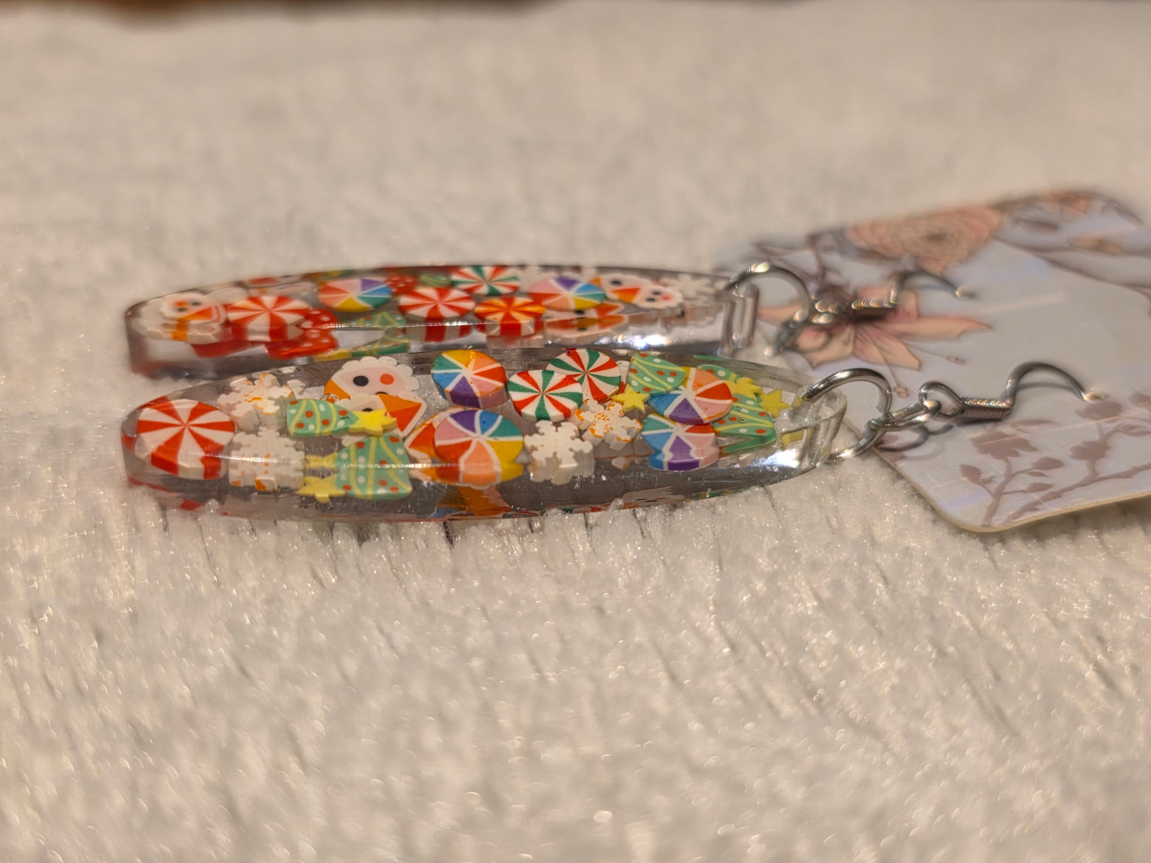 Resin earrings – colourful floral oval design, stainless-steel hooks