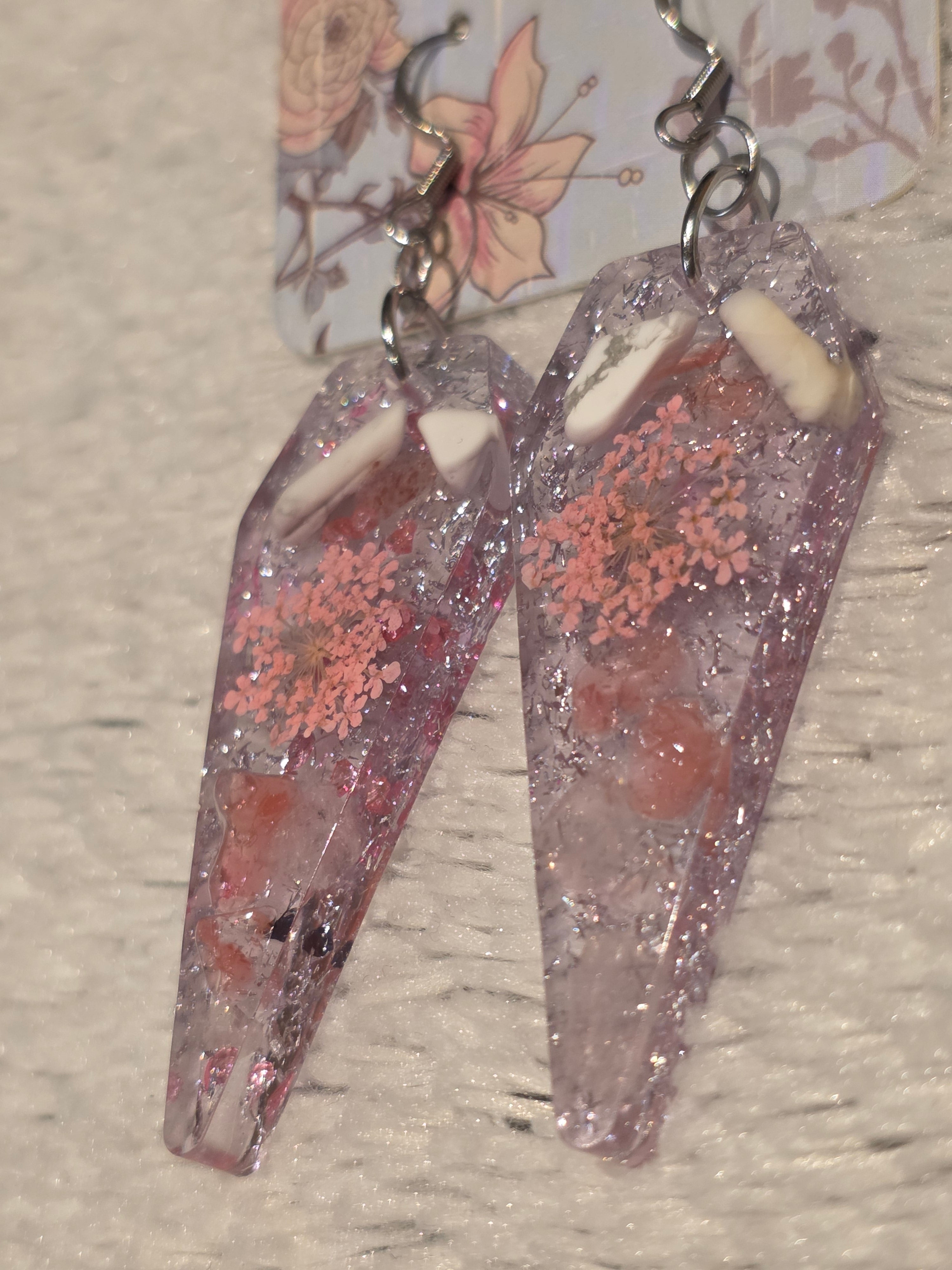 Resin earrings – crystal-style drops with real dried flowers & semi-precious stones, stainless-steel hooks